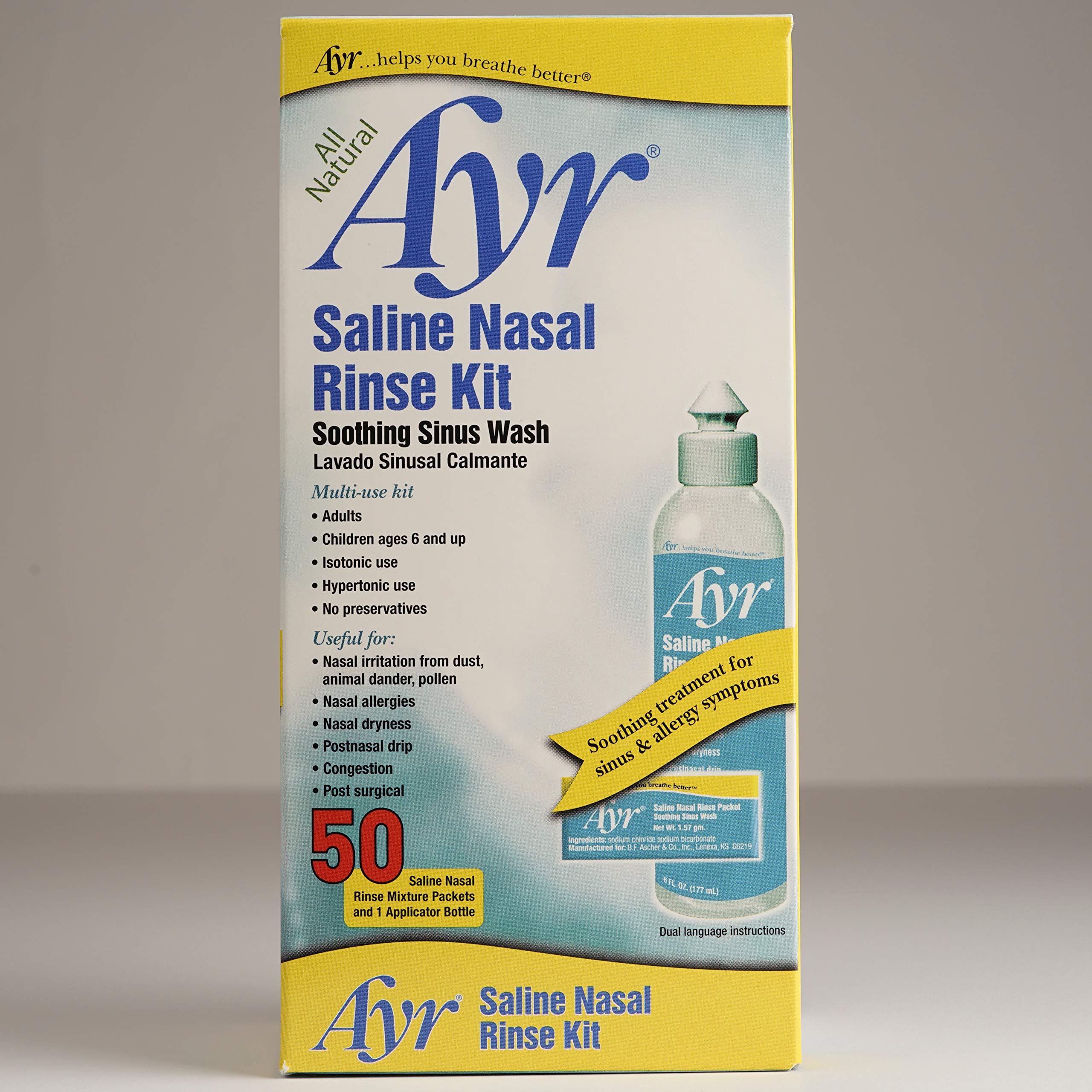 AYR Saline Nasal Rinse Kit Soothing Sinus Wash, 50-Count Saline Nasal Rinse Mixture Packets Plus Applicator Bottle (Pack of 2)