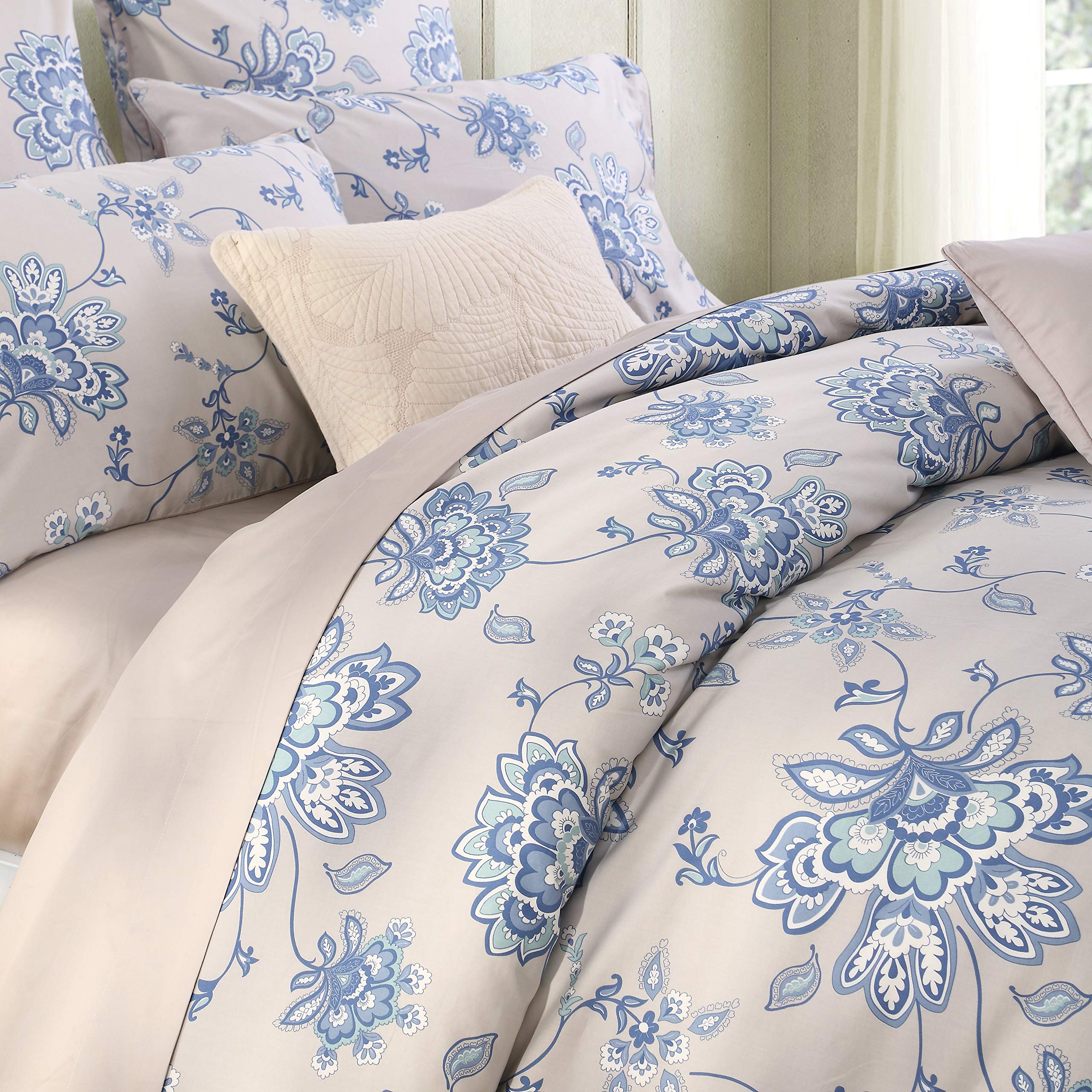 USTIDE Super King Cotton Bedding Set 800 Thread Count Super Soft and Cozy Duvet Cover Set 3 Pieces Rustic Blue Floral Duvet Set Chic Elegant Comforter Cover with 2Pillowcases for All Season