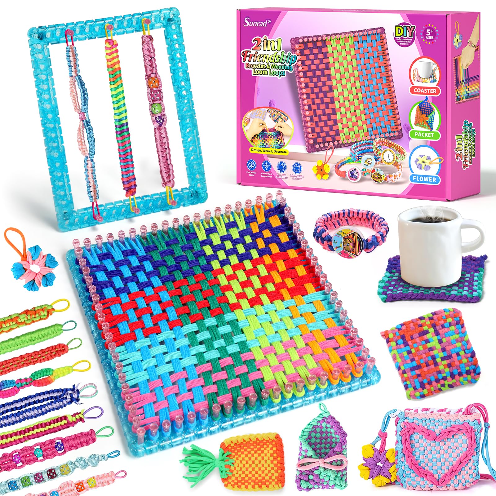 Sunrad DIY Arts and Crafts for Kids,2-in-1 Friendship Bracelet Making Kit for Girls, Weaving Loom Kit Toys Ages 5 6 7 8 9 10 11 12 Years Old Girl Gift Birthday Christmas Bracelet & Coaster & Bag