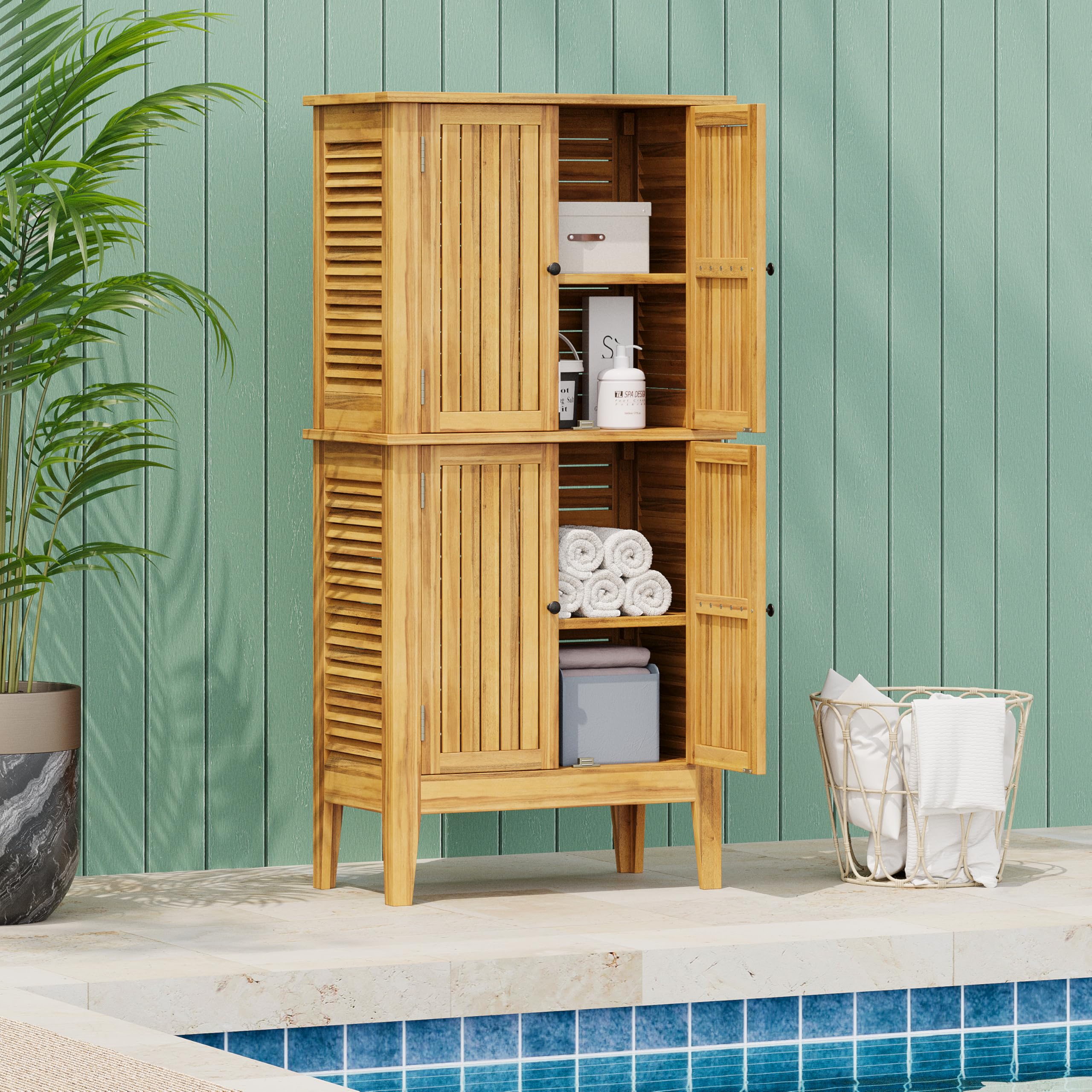 Photo 1 of ********PARTIAL SET ******** Christopher Knight Home Dessa Outdoor Cabinet, Acacia Wood Storage Cabinet, Garden Stool Shed with 4 Shelves, Tools Organizer with 2 Doors for Backyard Garden Balcony, 61.80" Tall Storage Shed, Teak