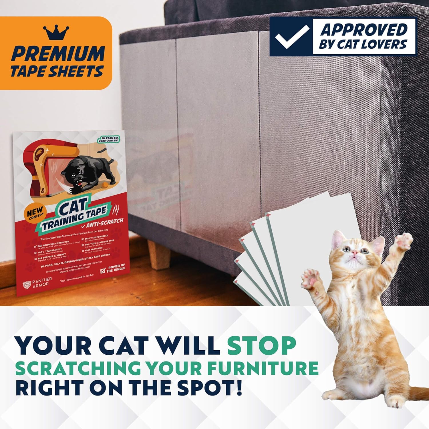 Panther Armor 10(Ten)-Pack Cat Scratch Deterrent Tape – Double Sided Anti Cats Scratching Sticky Tape – 5-Pack XL 16”L 12”W + 5-Pack Large 17”L 10”W Furniture Protectors – Clear Training Tape : Kitchen & Dining