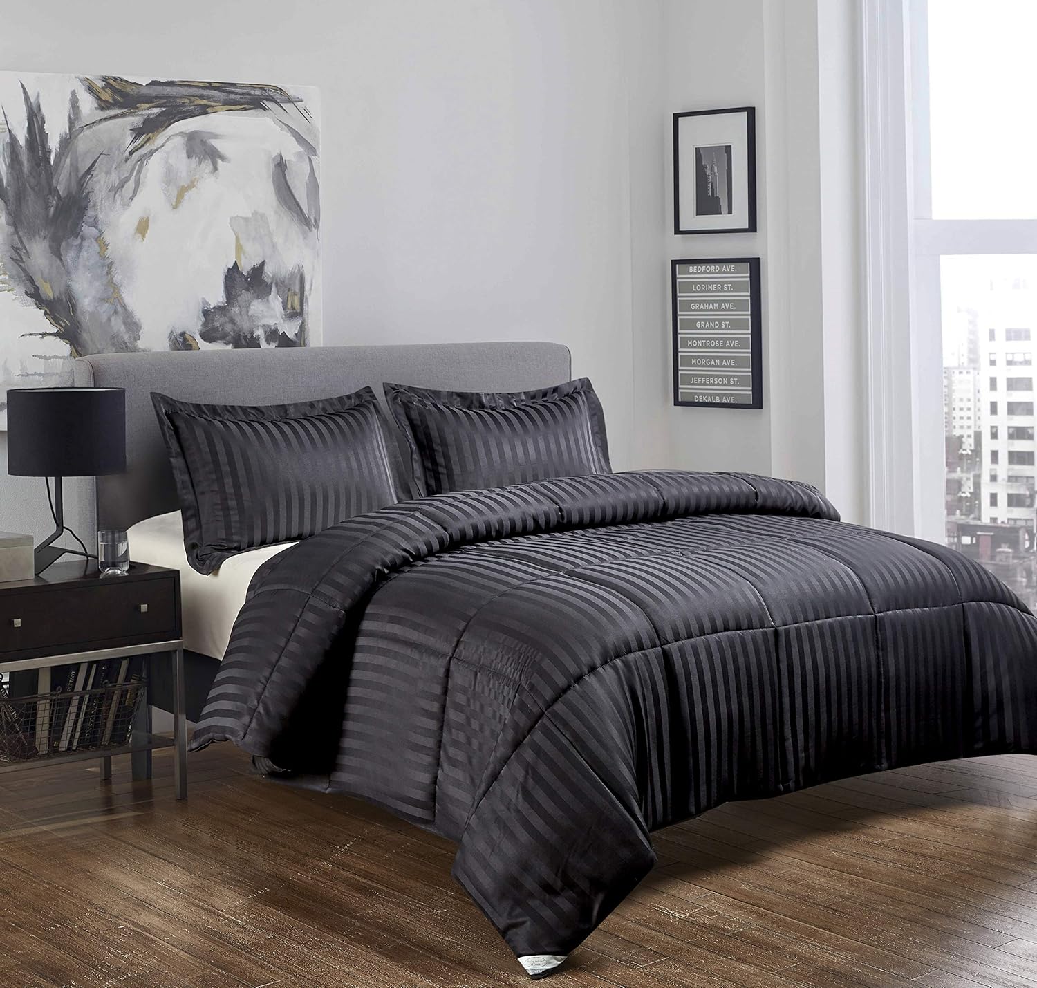 Kathy Ireland Home Essentials 3 Piece Reversible Down Alternative Comforter, Full/Queen, Black