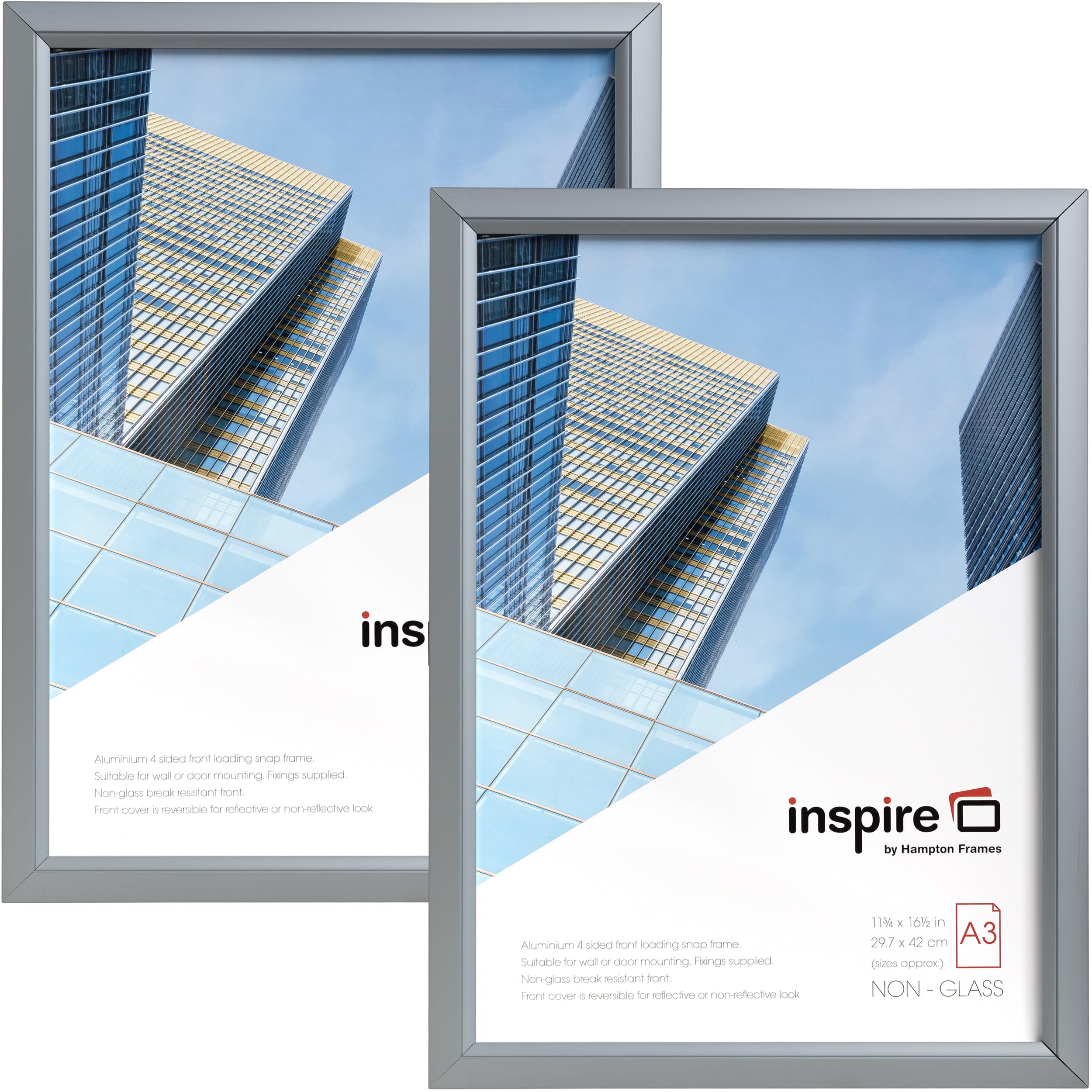 inspire by Hampton Frames | Snap Frame Pack of 2 | A3 (30x42cm), Silver, Rectangular, Acrylic Front | Easy Open, Wall Mountable, Non-Glass | Display Posters, Photos