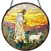 XINCEYWJ Christian Gifts for Women, Jesus and Lamb Christian Suncatchers Stained Glass Window Hanging, Jesus Religious Sun Catchers Indoor Window Glass Round Wall Decor, 7.9x7.9in