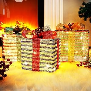 Lulu Home Christmas Lighted Boxes, 60 LED Light Up Collapsible Deocr Indoor Outdoor, Plug in Light Up Christmas Boxes Present Decorations Indoor Outdoor Yard