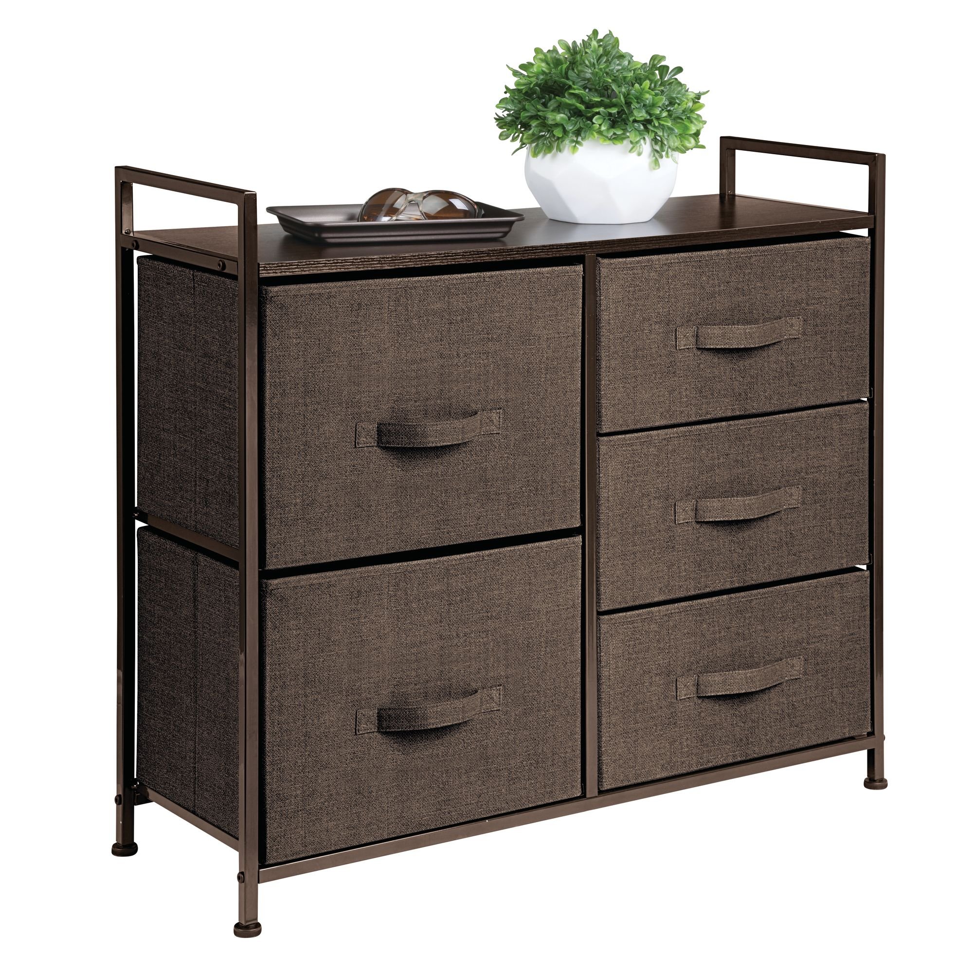 mDesign Wide Dresser Storage Tower - Sturdy Steel Frame, Wood Top, Easy Pull Fabric Bins - Organizer Unit for Bedroom, Hallway, Entryway, Closets - Textured Print - 5 Drawers, Espresso