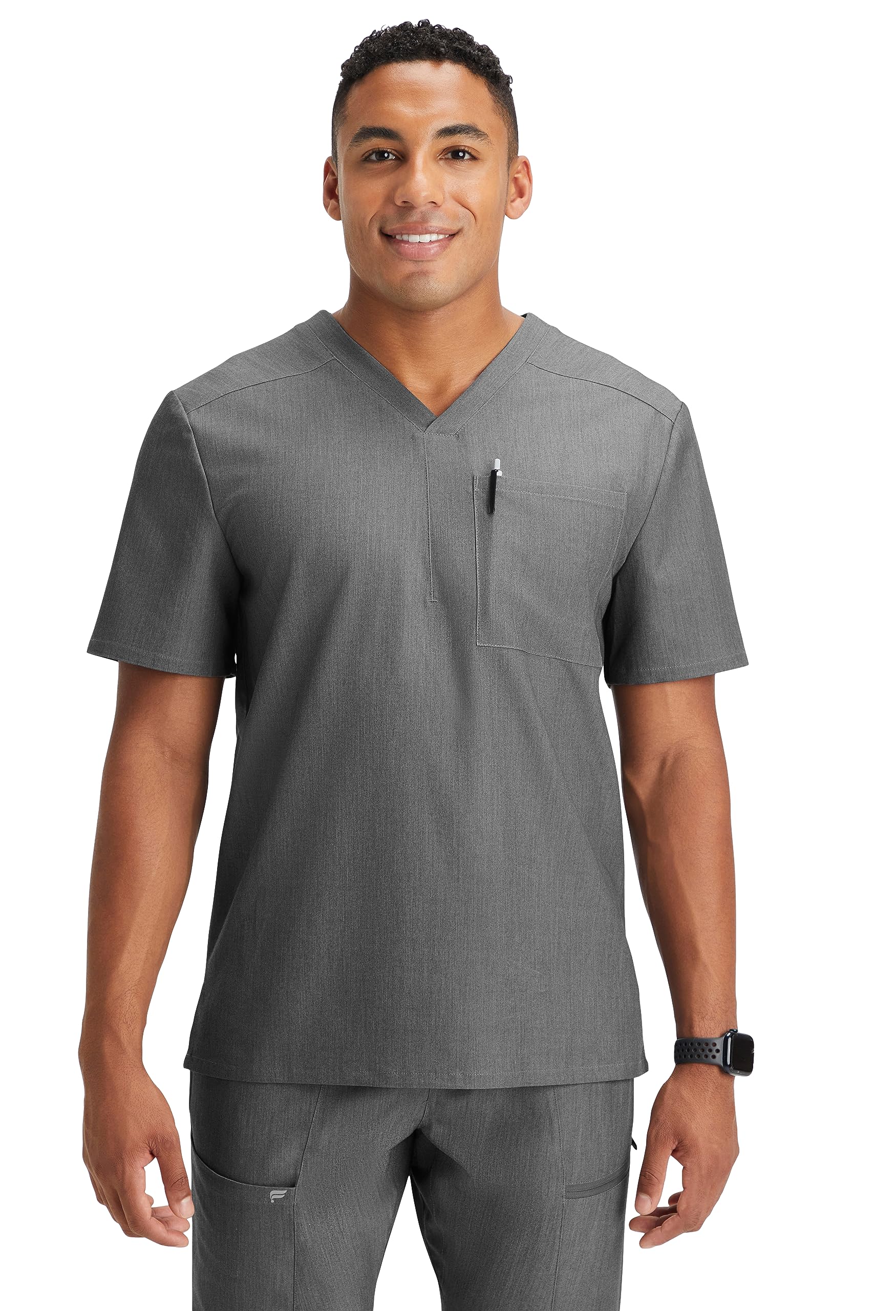 Photo 1 of Fabletics Men's Helix 1-Pocket Scrub Top - MotionTech, Wrinkle-Resist, Chest Pocket, Anti-Shrink, Semi-Slim Fit, S, Heather Grey