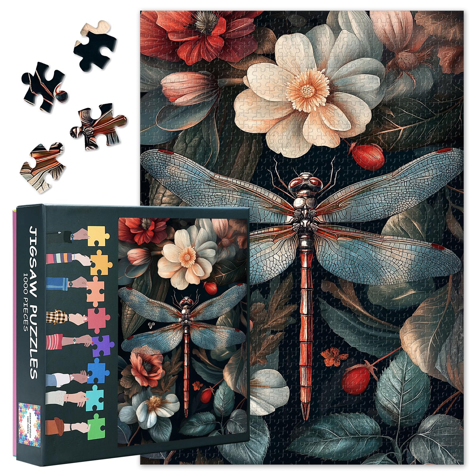Dragonflies Puzzles for Adults 1000 Pieces, Colorful Flowers Jigsaw Puzzles, Dragonflies Jigsaw Puzzle for Adults, Impossible Hard Difficult Challenging Puzzle for Adult 20X27 INCH