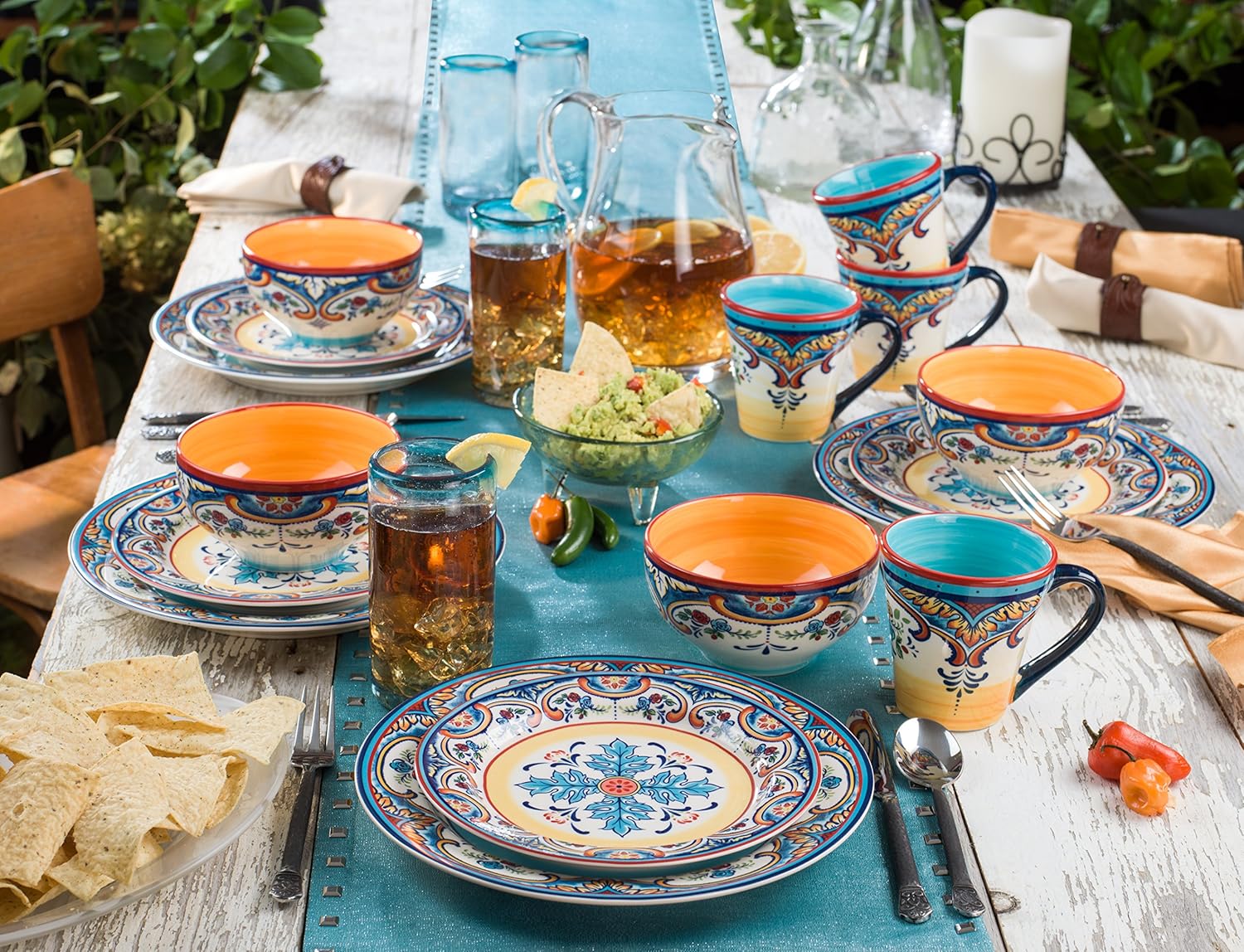 Euro Ceramica Zanzibar Collection 16 Piece Dinnerware Set Kitchen and Dining, Service for 4, Spanish Floral Design, Multicolor, Blue and Yellow: Dinnerware Sets: Kitchen & Dining