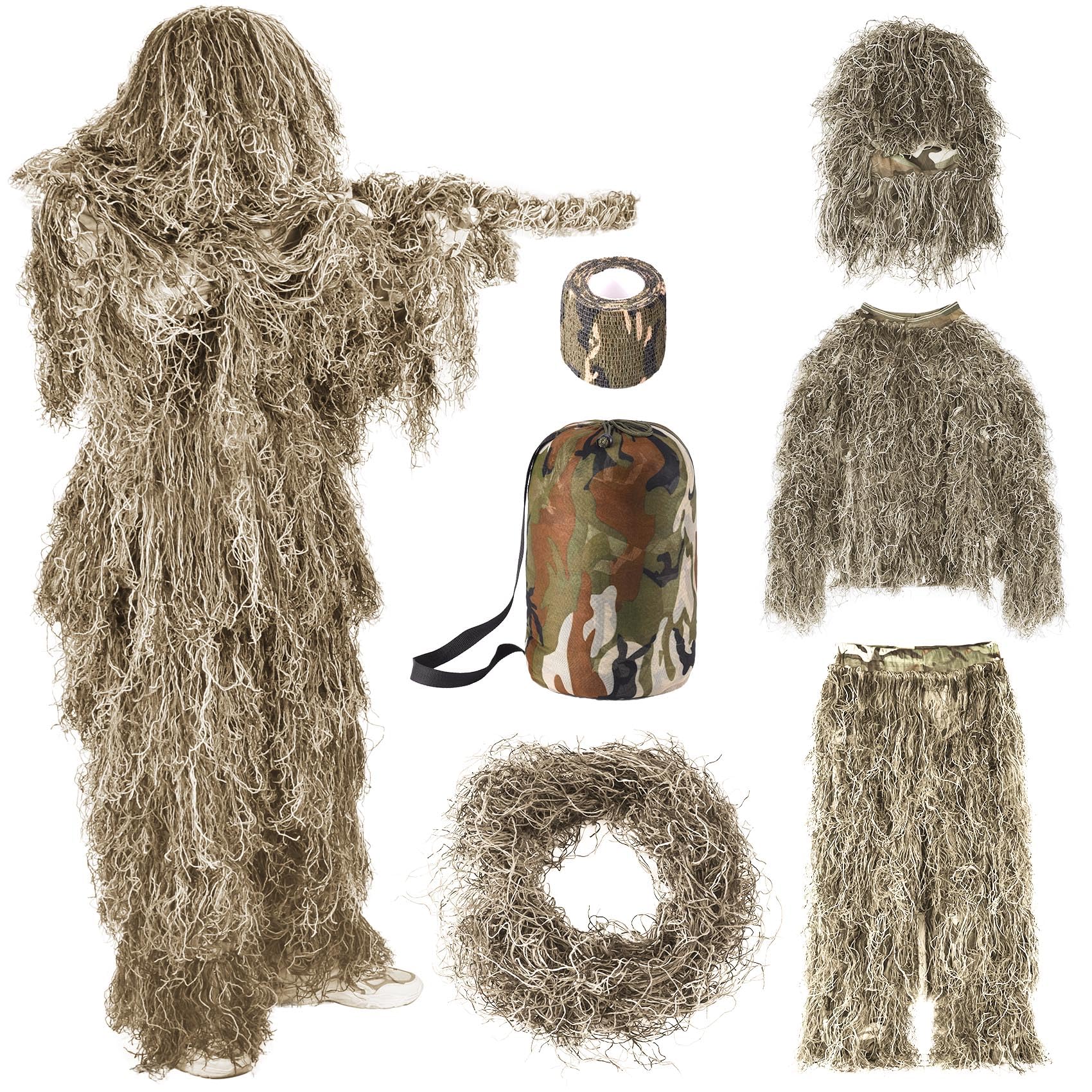 Photo 1 of SOROVEE Ghillie Suit, 5 in 1 Ghillie Suit for Men Including Jacket, Pants, Hood, Carry Bag and Camo Tapes, Helloween Costumes (Dry Grass, XLarge/XXLarge)