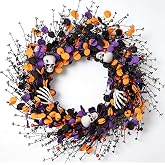 zjlmit Halloween Wreath 24 Inch Halloweeen Wreaths for Front Door Handmade Skull Wreaths with White Skeleton Hand Black Eucalyptus Leaves Orange Berries for Window Porch Indoor Party Holiday Wall Home