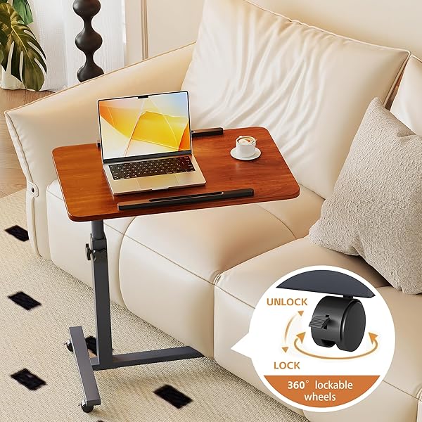 LAPTOP TABLE MOBILE ADJUSTABLE HEIGHT PORTABLE DESK NOTEBOOK SWIVEL PC COMPUTER ROLLING DESK WITH WHEELS, LAPTOP STAND FOR COUCH BEDSIDE HOSPITAL BED TABLE (DARK WALNUT)