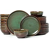 Pokini 24 Piece Dinnerware Sets for 8, Modern Stoneware Plates and Bowls Setst, Perfect for Family Gatherings & Holiday Celebrations, Easy Cleaning Dishes Set, Stack Compactly Dishware, Brown Green