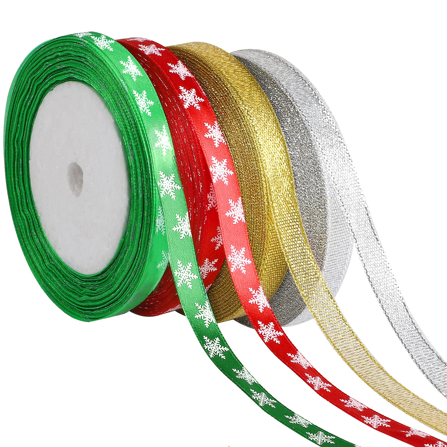 JUNEBRUSHS 4 Rolls 100 Yards Christmas Ribbon for Gift Wrapping, 10mm Wide Snowflake Printed Organza Satin Ribbons for DIY Crafts Easter Holiday Party Decorations