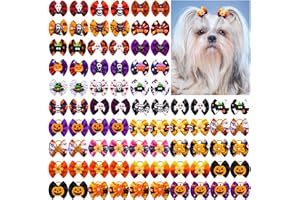 MRUQ PET 80pcs Halloween Small Dog Hiar Bows, Dog Bows with Rubber Bands, Bulk Dog Tiny Bows, Handmade Halloween Elements Pet Puppy Yorkie Dog Hair Bowknot Grooming Accessories Supplies