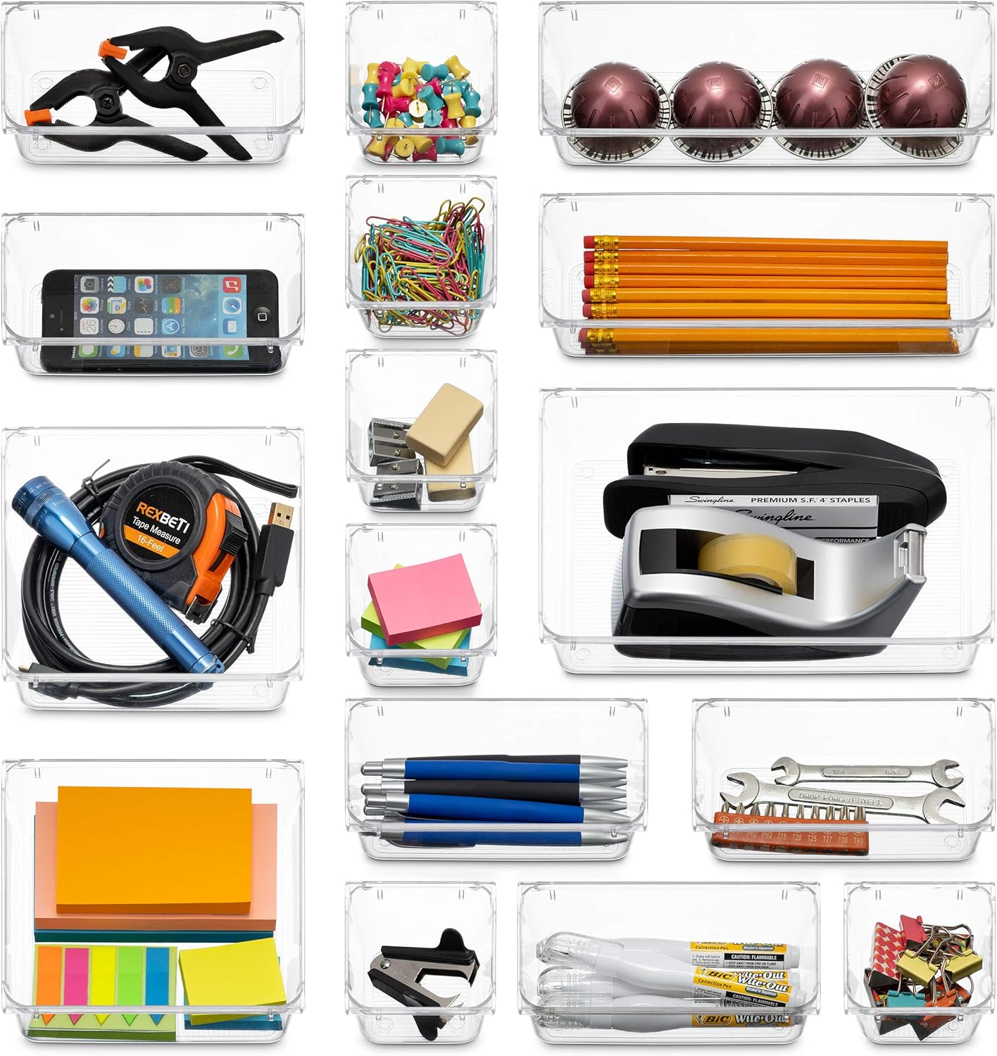 16 Pcs Drawer Organizer Set Dresser Desk Drawer Dividers - 5 Size Bathroom Vanity Cosmetic Makeup Trays - Multipurpose Clear Plastic Storage Bins for Jewelries, Kitchen Gadgets and Office Accessories: Kitchen & Dining