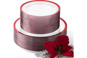 By Madee HEAVYWEIGHT 100 Pc Christmas Plates Disposable | Clear and Red Plastic Plates | Includes 50 Dinner & 50 Dessert Plates | Perfect for Adding Elegance to Any Occasions (50 Guests)