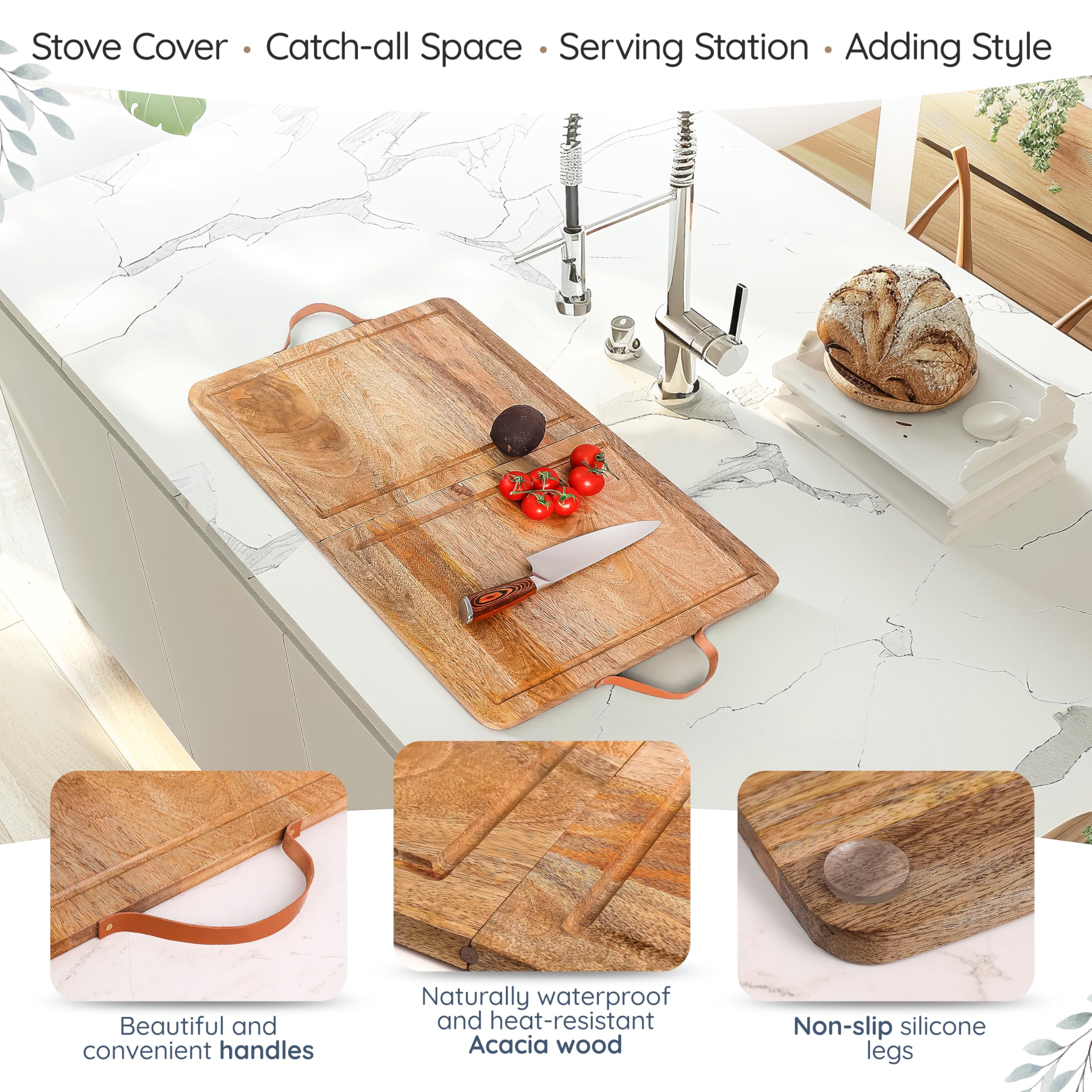 Wooden Stove Top Cover Board for Gas Burner & Electric Stove, Mango Wood Noodle Board Stove Cover with Handle for Gas Stovetop 4 & 5 Burners, Stove Top Cutting Board Oven Top Cover Cooktop Protector