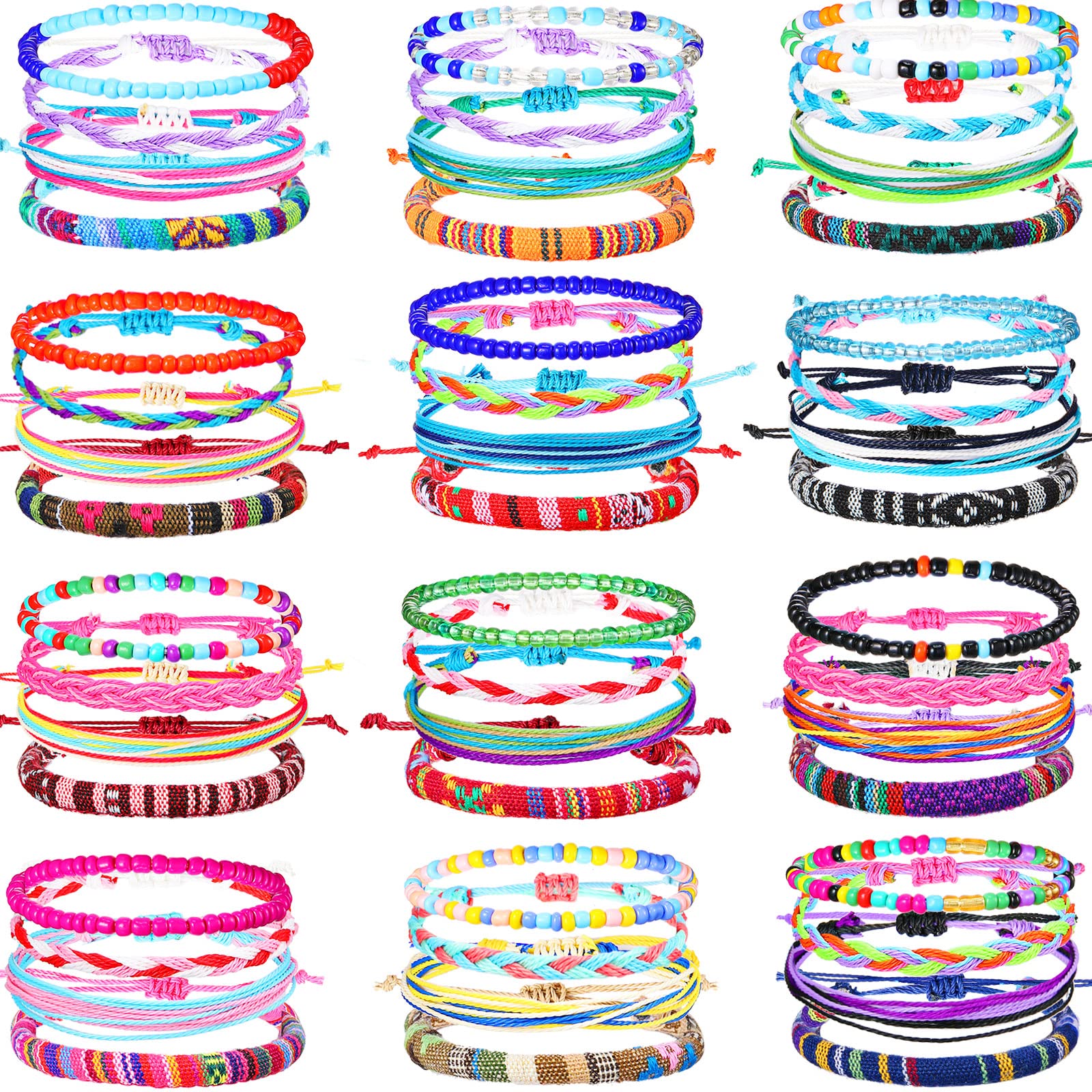 Photo 1 of Remerry 48 Pieces Handmade Friendship Bracelets Adjustable Woven Braided Bracelet Colorful Beaded Bracelets Elastic Beaded Anklet for Women Men Jewelry Party Accessories, Assorted Style