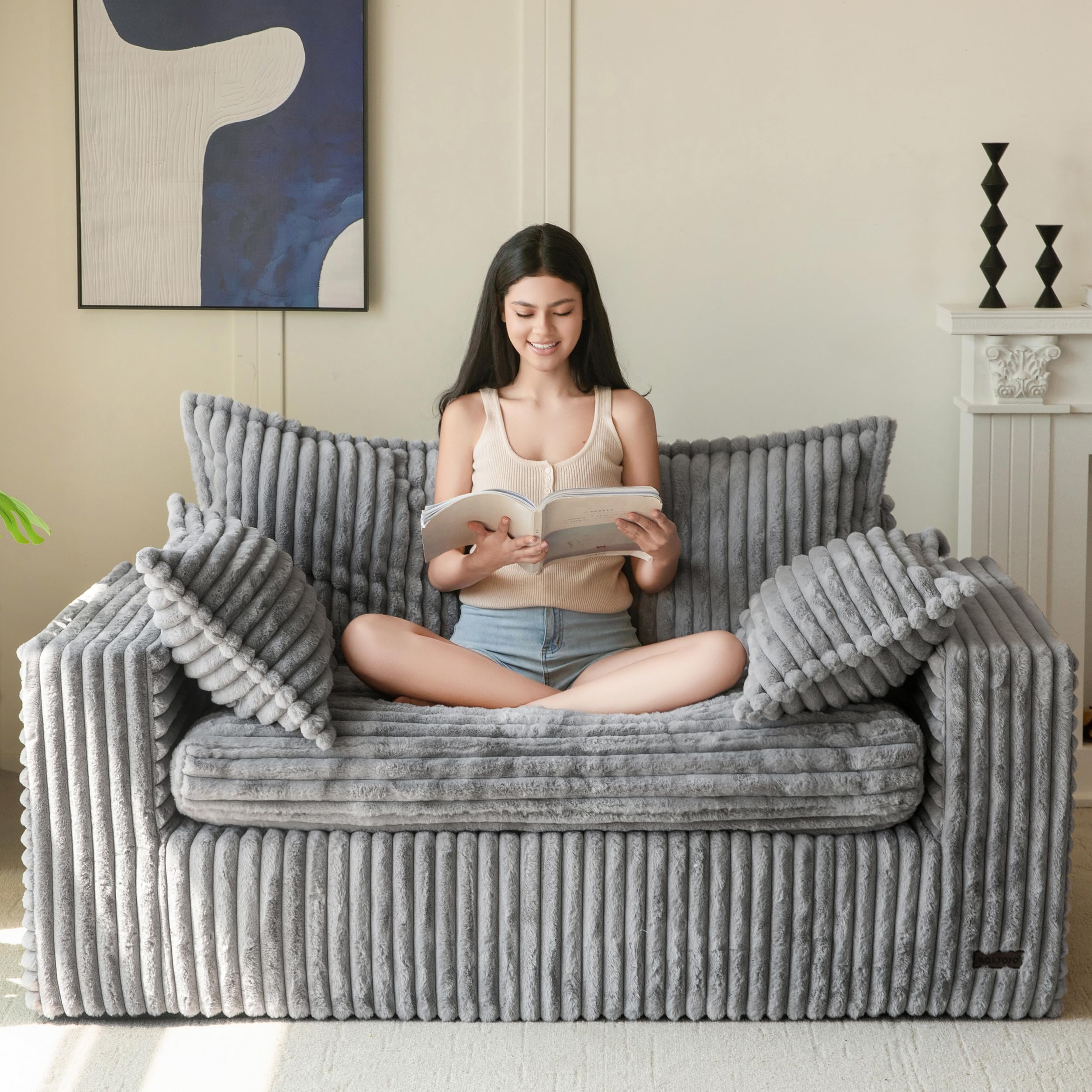 Photo 1 of MAXYOYO Bean Bag Chair for Living Room, Upholstered Loveseat Sofa Couch with Deep Seating, Wide Armrests Boneless Couch Sofa in a Box for Bedroom Office Apartment, No Assembly, Dark Grey