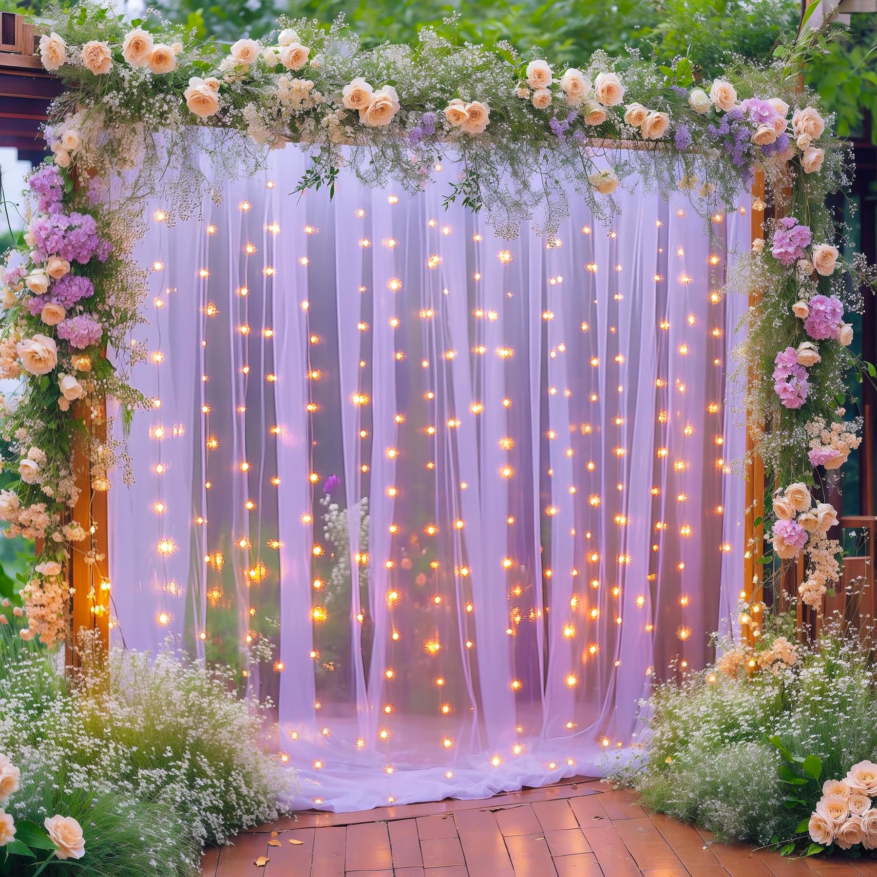 Photo 1 of 10×10ft Purple Tulle Backdrop Curtain with Lights String for Parties, Sheer Photo Curtain Backdrop Drapes for Wedding Party Photography Backgrounds