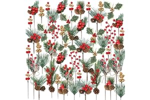 Riceshoot 42 Pcs Christmas Picks with Pine Cones Holly Berry Artificial Red Berries Stems Pine Branches Small Christmas Berry Picks for Crafts Wreath Garland Decoration