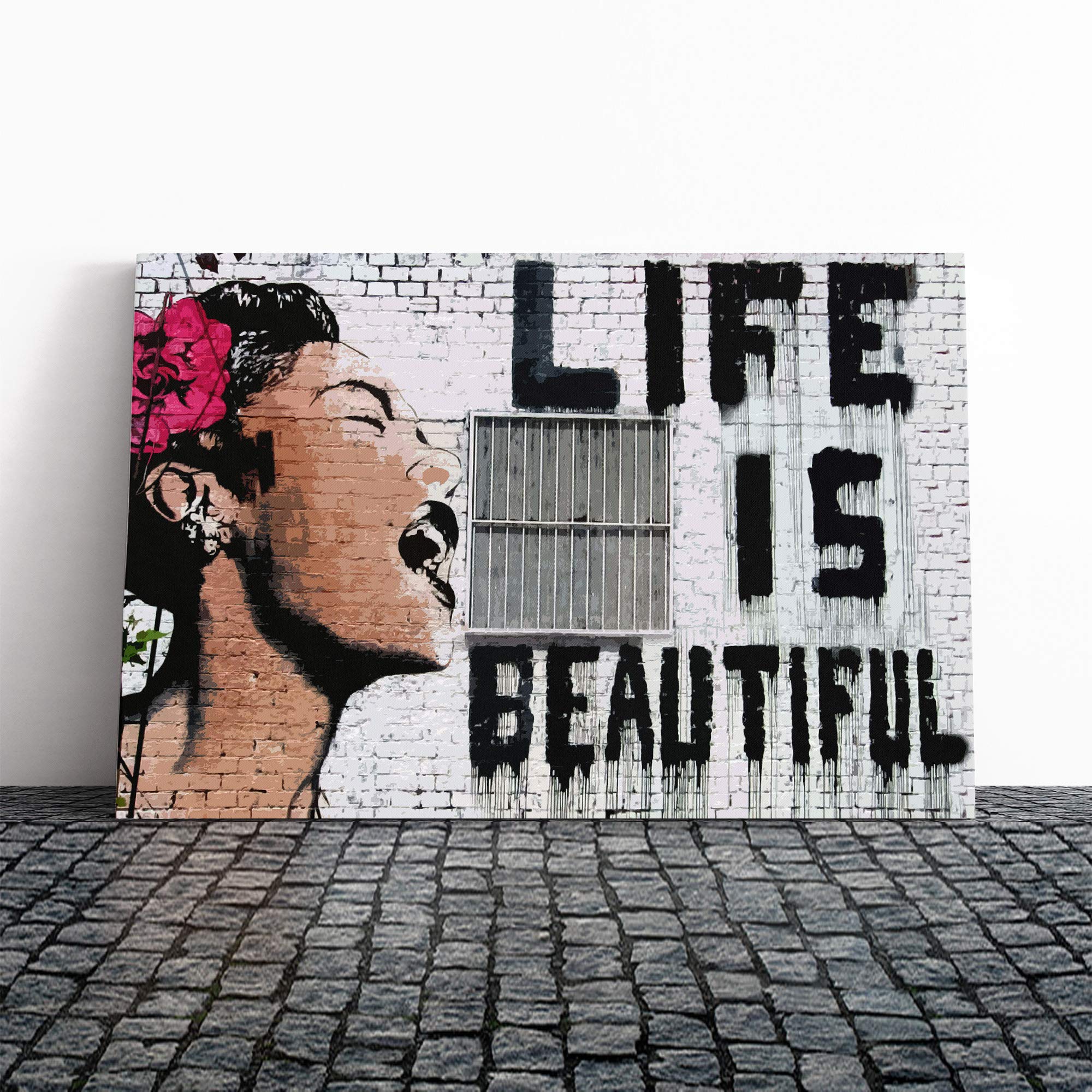 Banksy Life is Beautiful Graffiti Wall Art Canvas Print | Gallery Wrapped 30mm Frame Wall Decor | 20x14 inches | Ready to Hang | Pop Art Picture | Living Room Bedroom Lounge Office