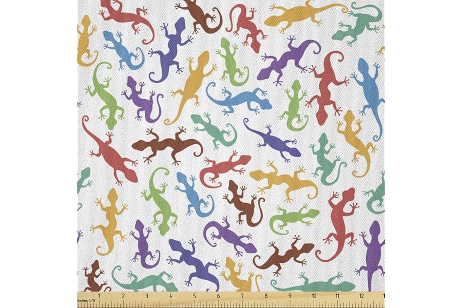 Lunarable Reptile Fabric by The Yard, Colorful Lizards Abstract Animal Fun Ornamental Silhouettes Salamander Illustration, Microfiber Fabric for Arts and Crafts Textiles & Decor, 1 Yard, Ruby