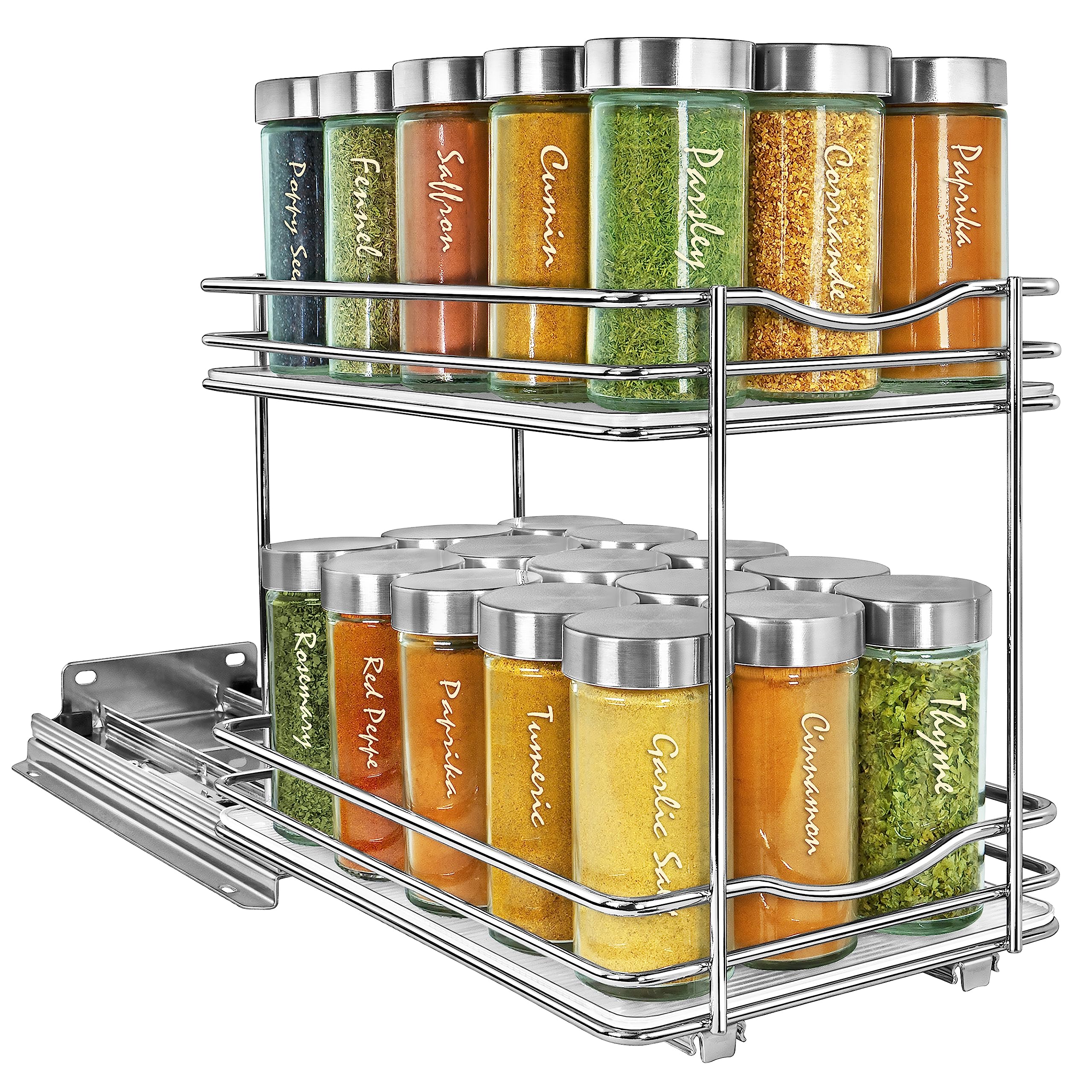 LYNK PROFESSIONAL® Pull Out Spice Rack Organizer for Inside Kitchen Cabinets - 6-3/8 inch Wide - Slide Out Drawer – Chrome Sliding Spice Cabinet Organization Shelf Racks - 2 Tier