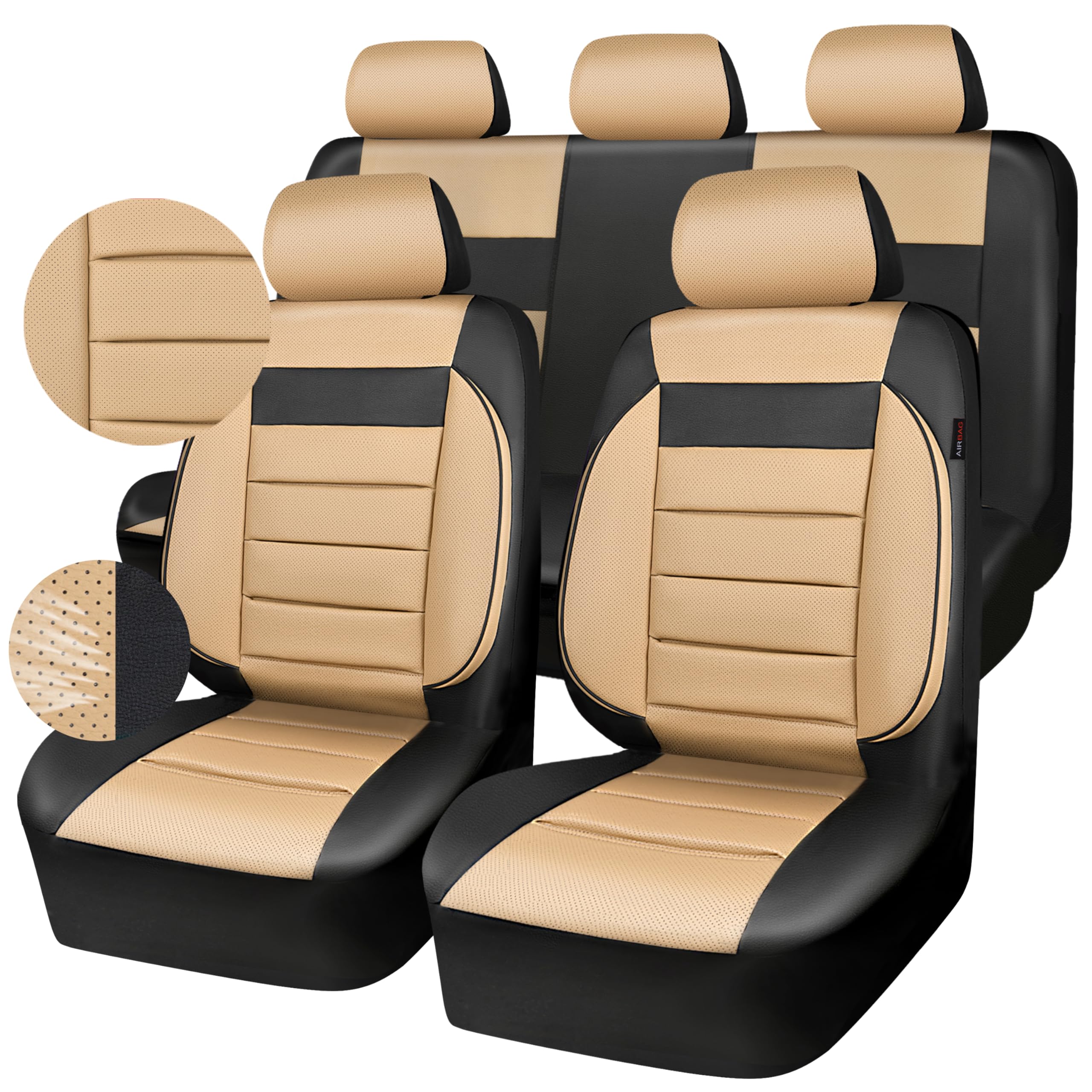Photo 1 of CAR PASS Leather Seat Covers Full Set Universal Water Resistant 3D Foam Back Support, Luxury Comfort Automotive 5 Seat Covers All Season Fit for SUV,Sedan,Van, Airbag Compatible Elegance(Beige Black)