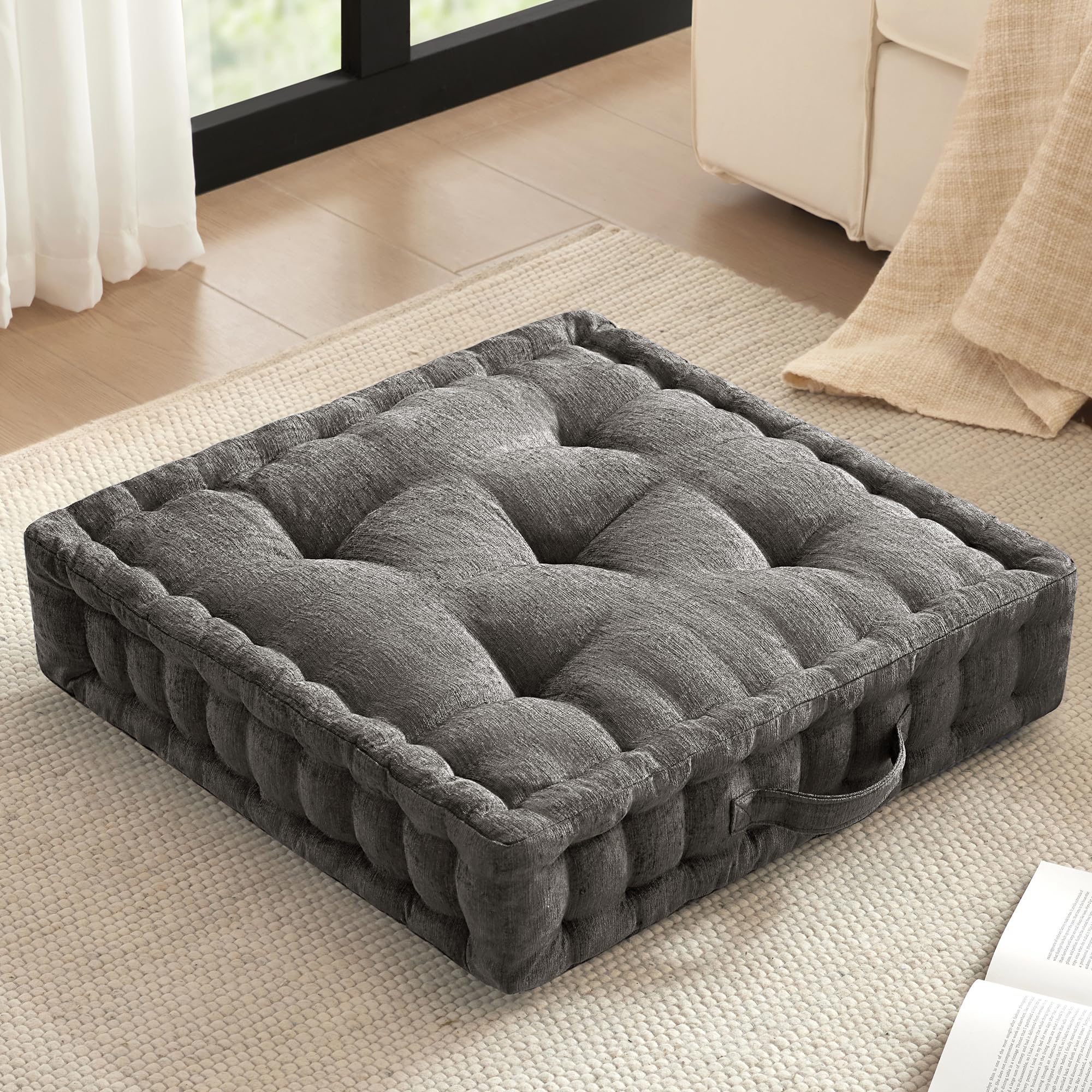 Intelligent Design Large Floor Pillow for Adults Yoga or Meditation Cushion with Handle, Floor Cushion for Board Games, Lustrous Chenille Tufted, Handsewn Scalloped Edge, Azza, 24" x 24" x 5" Charcoal