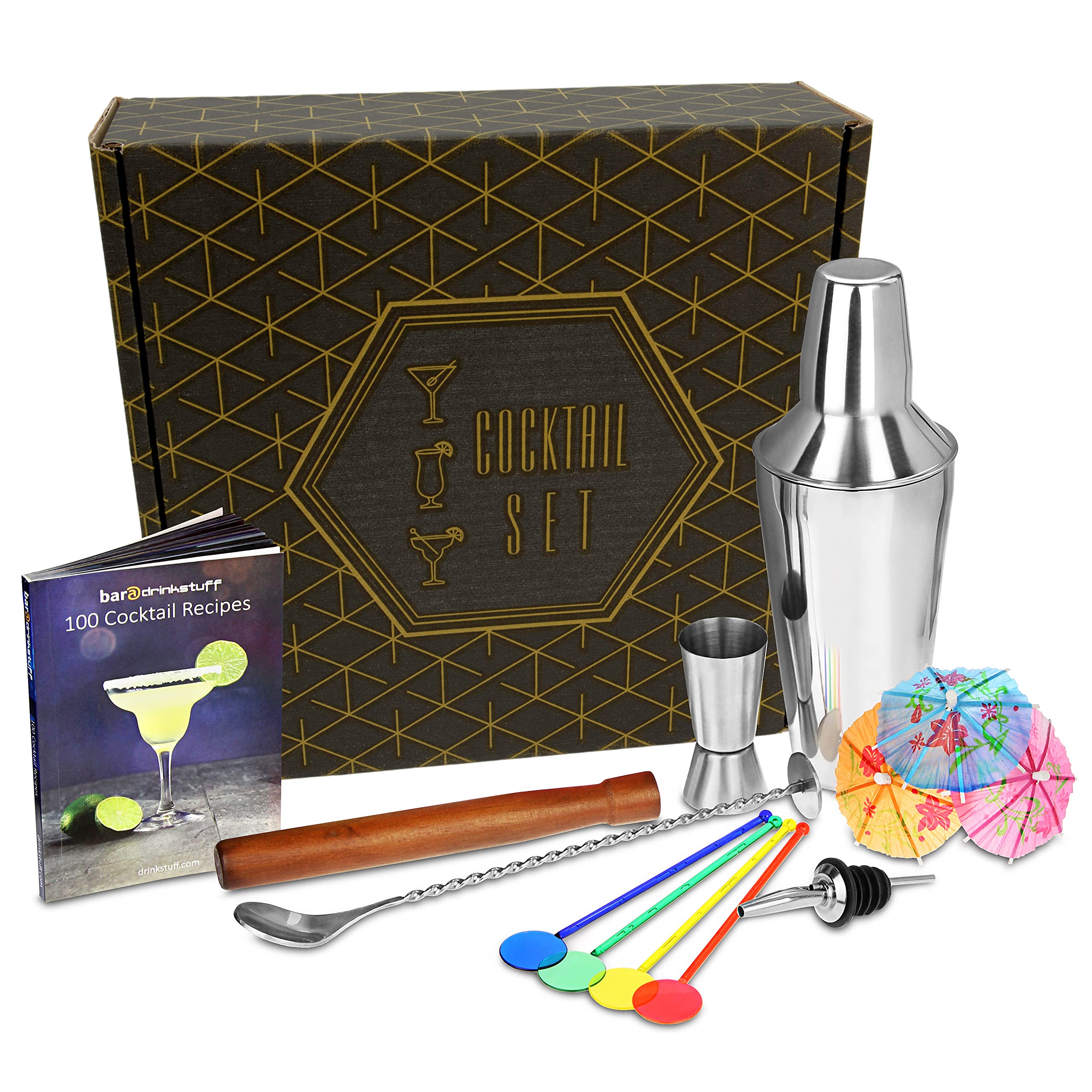 Drinkstuff Cocktail Set with Cocktail Shaker | includes Cocktail Book, Mixing Spoon, Jigger Measure, Pourer, Muddler, 24x Swizzle Stick Stirrers, 100x Cocktail Umbrellas | bar@drinkstuff Cocktail Making