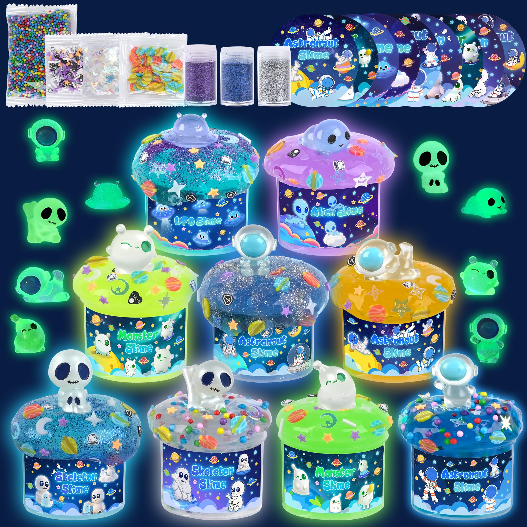 Galaxy Glow-in-The-Dark Slime Kit 9 Pack - Space Slime with Astronaut, Alien & UFO Charms, DIY Slimes Set Sensory Toys, Slimes Party Favors for Kids Gift