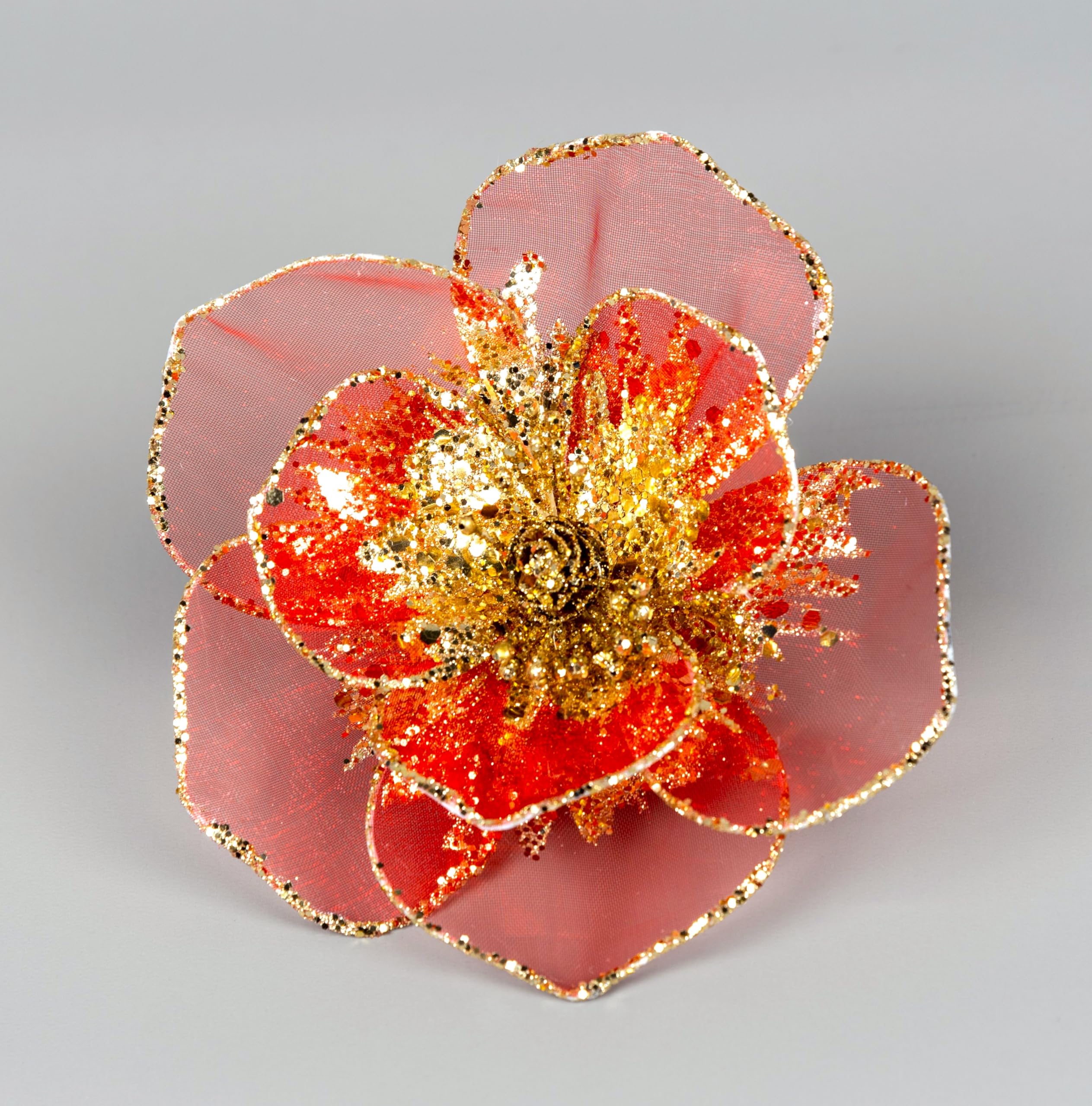 6Pcs -15cm Deluxe Christmas Glitter Poinsettia Red Gold Net Artificial Flowers with Metal Clips Christmas Tree Decorations Wedding New Year Ornaments