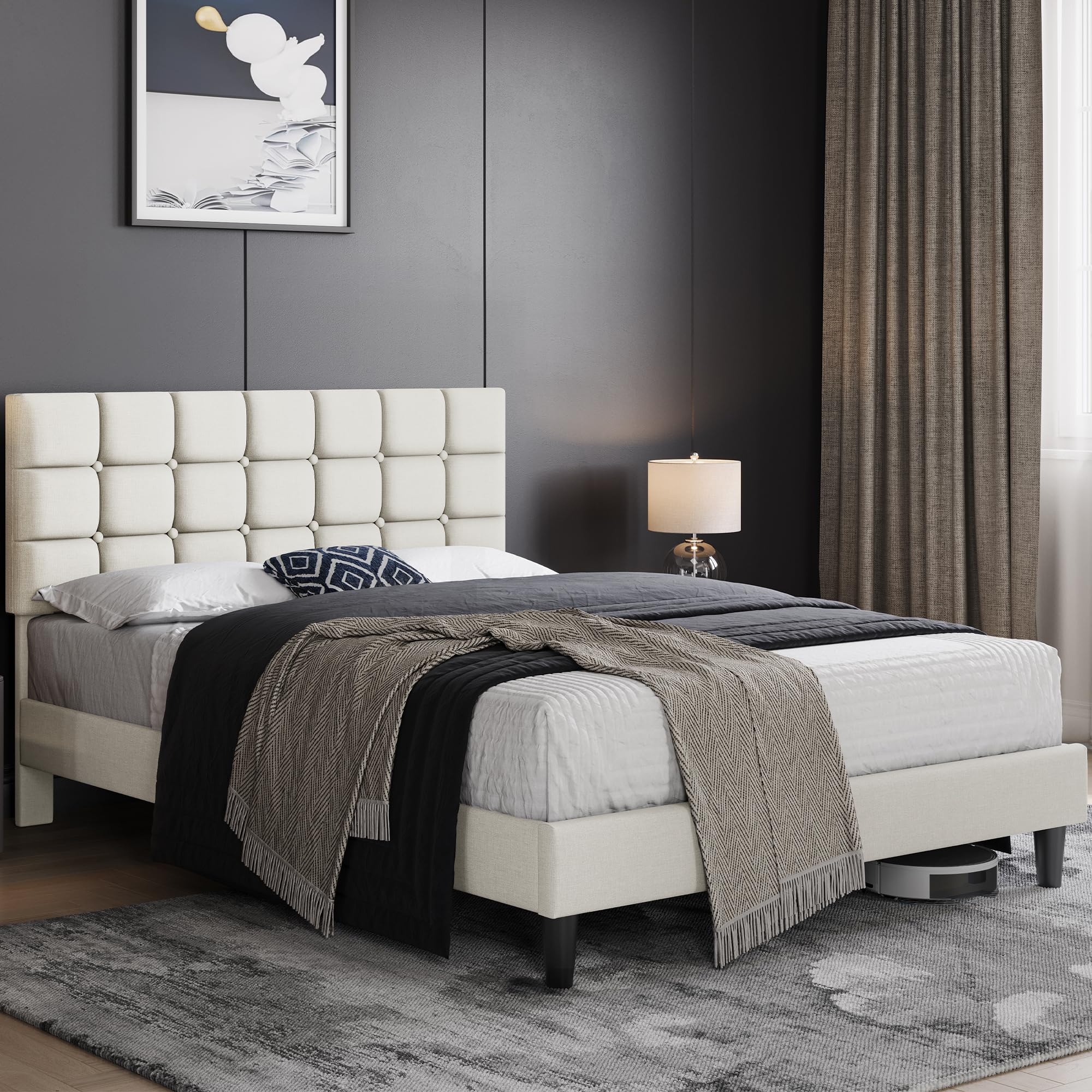 Photo 1 of Yaheetech Upholstered Modern Queen Bed Square Stitched & Button Tufting Headboard Queen Size, Beige **Please Check Notes**