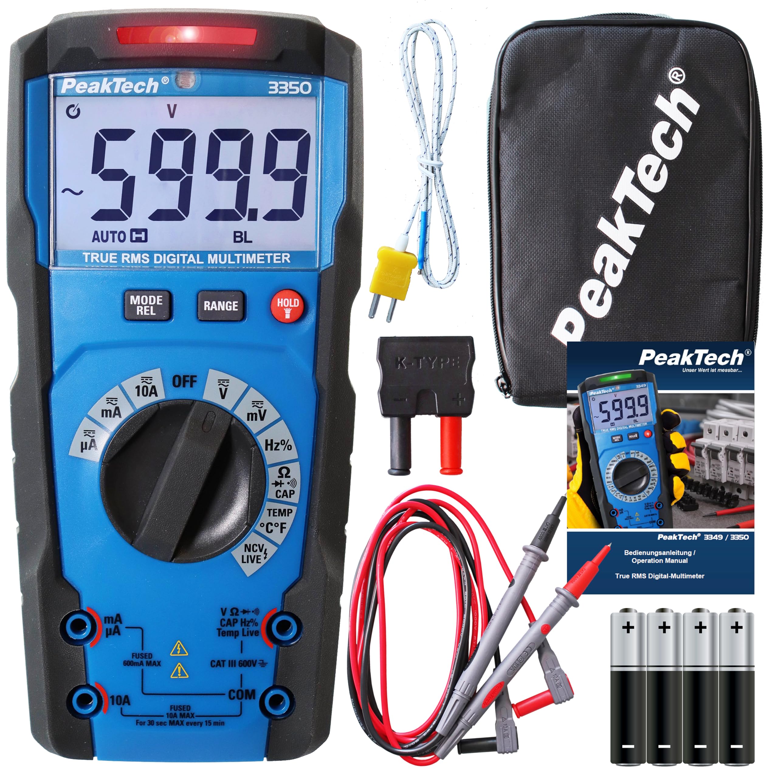 PeakTech 3350 - True RMS Multimeter mit Digital Anzeige Strommessgerät mit 6000 Counts Profi-Messgerät für Elektriker 10A AC/DC - CAT III 600V, automatische Bereichswahl