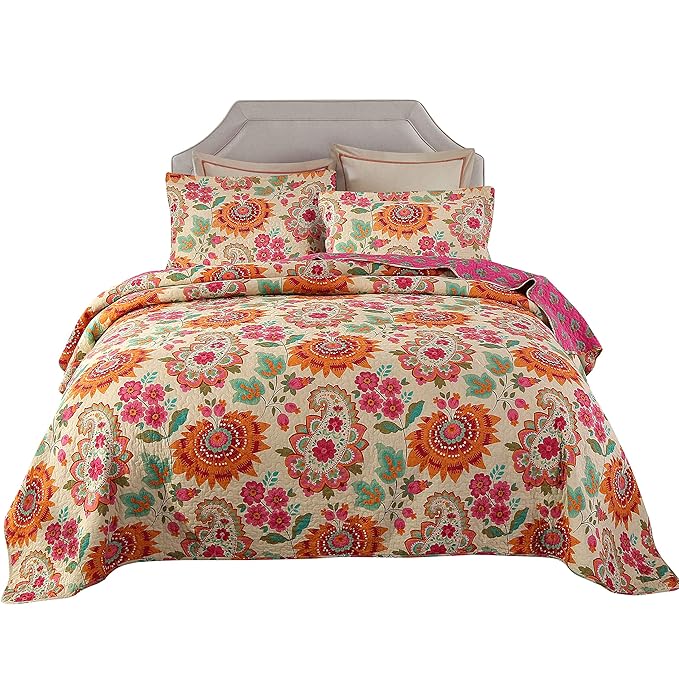 Unimall 3 TLG. Premium Tagesdecke Baumwolle 230 x250 cm Bettüberwurf Doppelbett Sofa Überwurf mit Schick Paisley Sonnenblume 