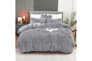 BLEUM CADE Fluffy Plush Duvet Cover Set Queen Size, Luxury Ultra Soft Velvet Fuzzy Comforter Cover Bed Sets 4Pcs(1 Faux Fur Duvet Cover + 2 Pillow Cases + 1 Pillow Cover) Zipper Closure (Light Gray)
