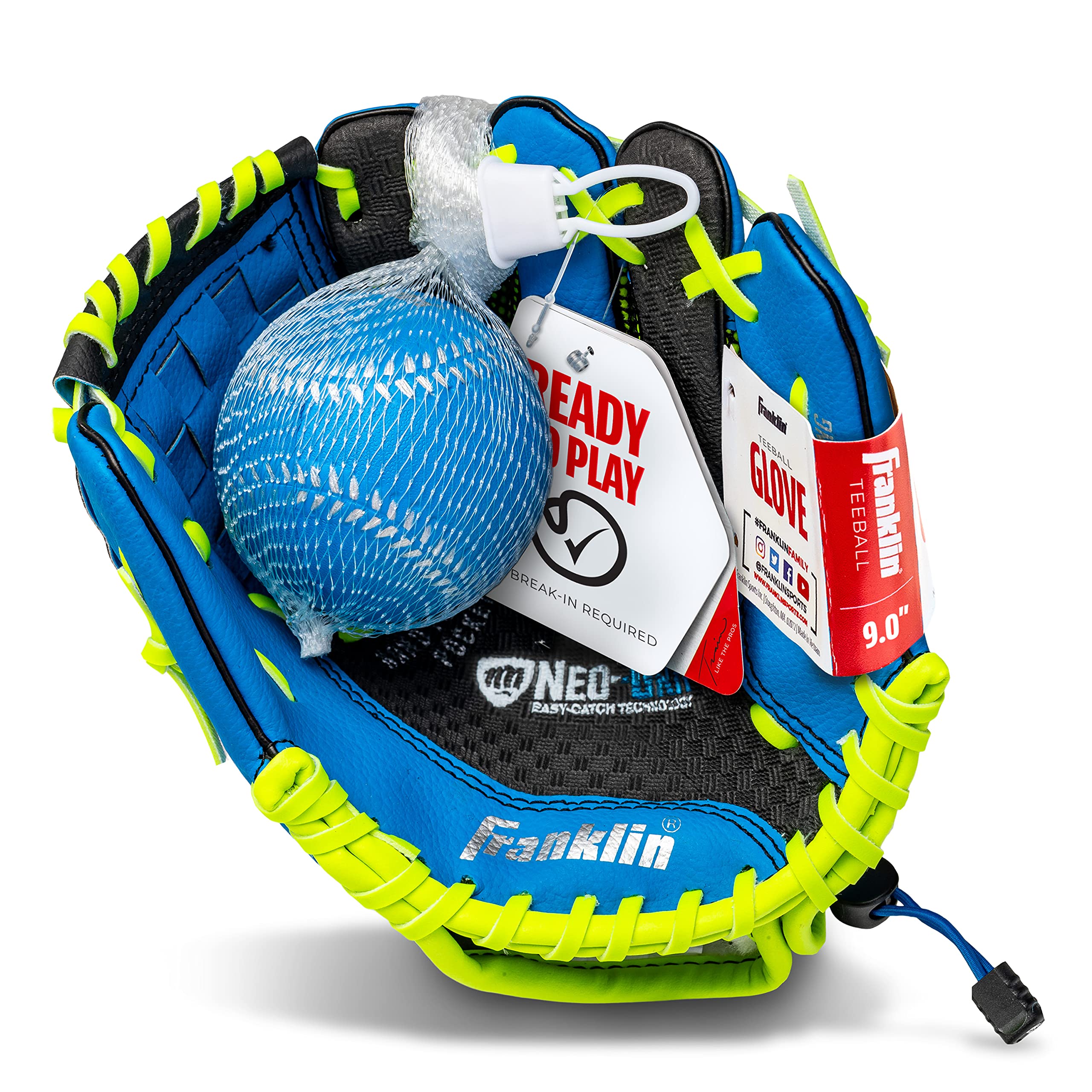Franklin Sports Youth Teeball Glove - 9.0 Inch Neo-Grip Synthetic Leather Fielding Glove - Left & Right Handed Ready To Play with Ball