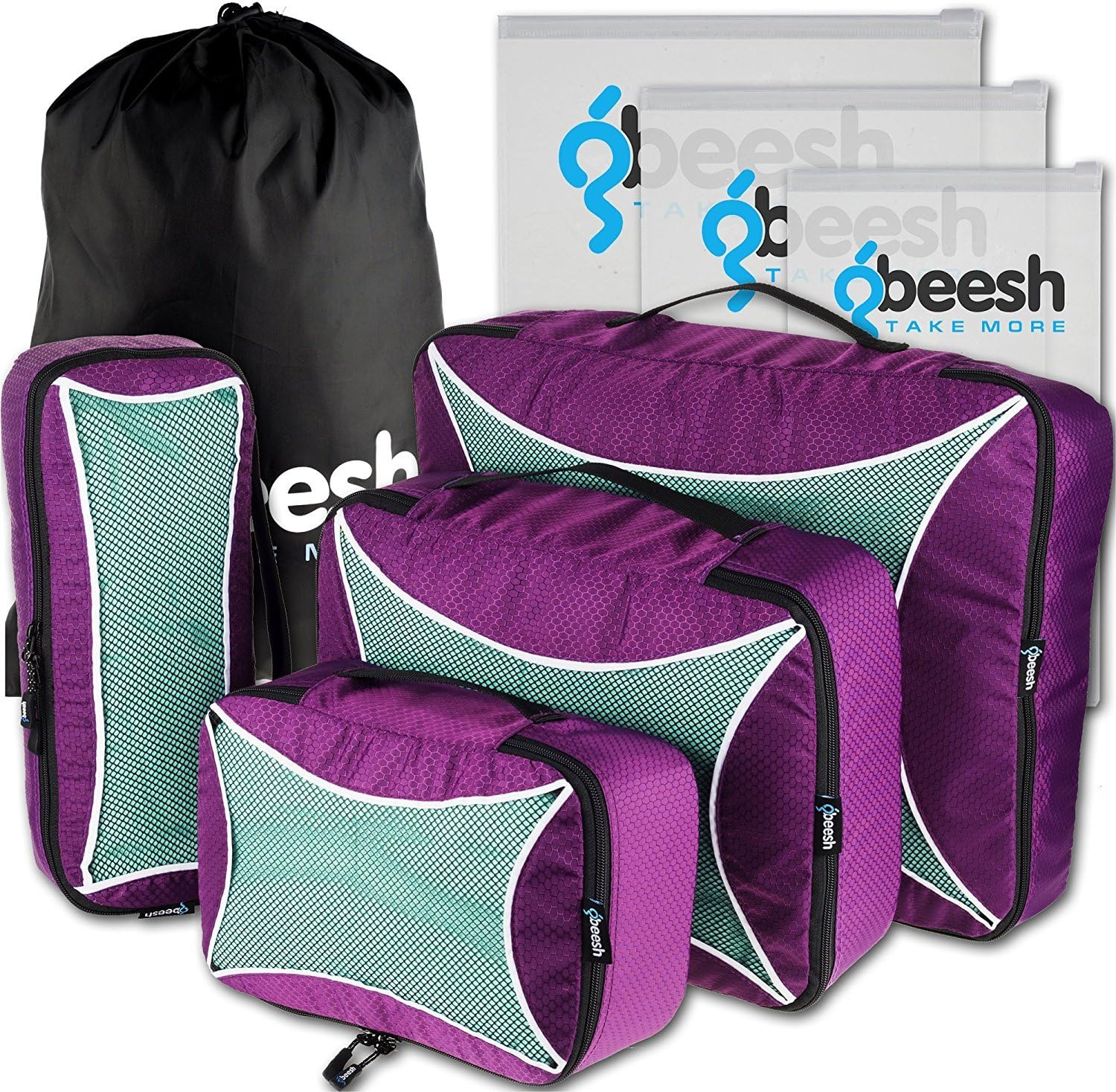 Packing Cubes Organizer Set 4 Purple Pack Travel Clothes Storage + 3 Toiletry Accessories Bags Kit + Laundry Bag