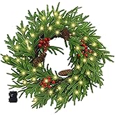 Ogrmar 20 Inch Christmas Wreath for Front Door, Real Touch Norfolk Pine Wreath with Light, Lighted Realistic Artificial Greenery Wreaths with PineCones & Berries for Wall Window Xmas Decor