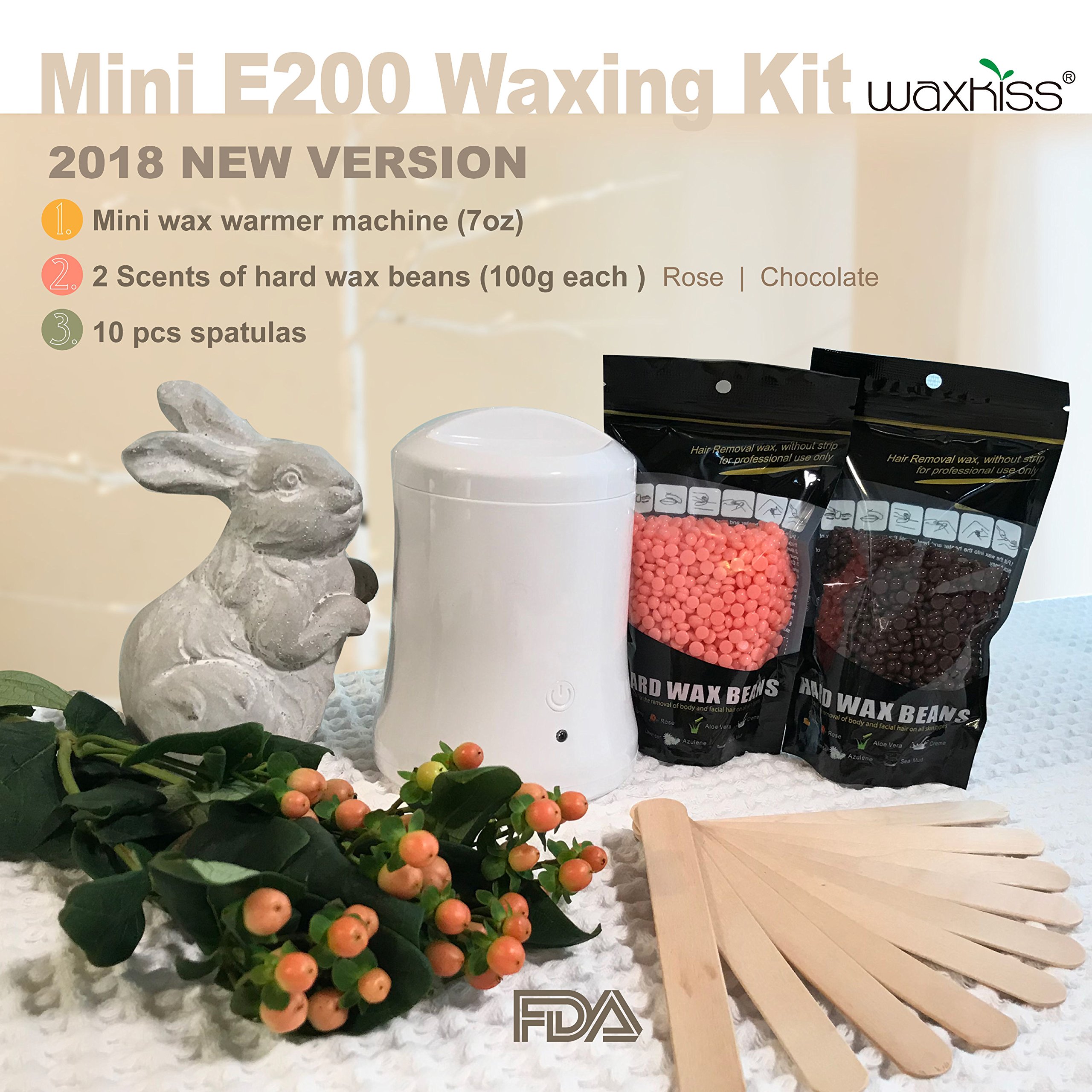 [ 2018 Upgrade Version ] Waxkiss Mini Wax Warmer Kit 7oz Hair Removal Wax Heater Kit One Key Control with Hard Wax Beans for Woman & Man Wax Kit (1 Wax Warmer & 2 Bags Wax Beans & 10 Wooden Sticks)