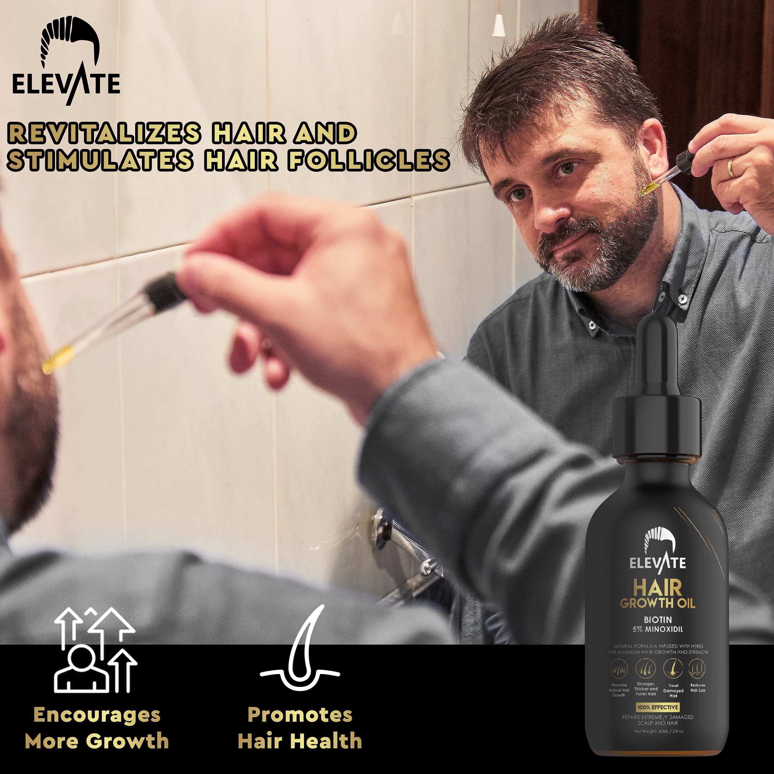 Elevate Hair Regrowth Treatment 5% Minoxidil Serum - Biotin Infused Growth Oil for Men & Women - Stop Thinning & Shedding - Restore Follicle Strength & Density for Fuller, Stronger, Healthier Hair 1oz