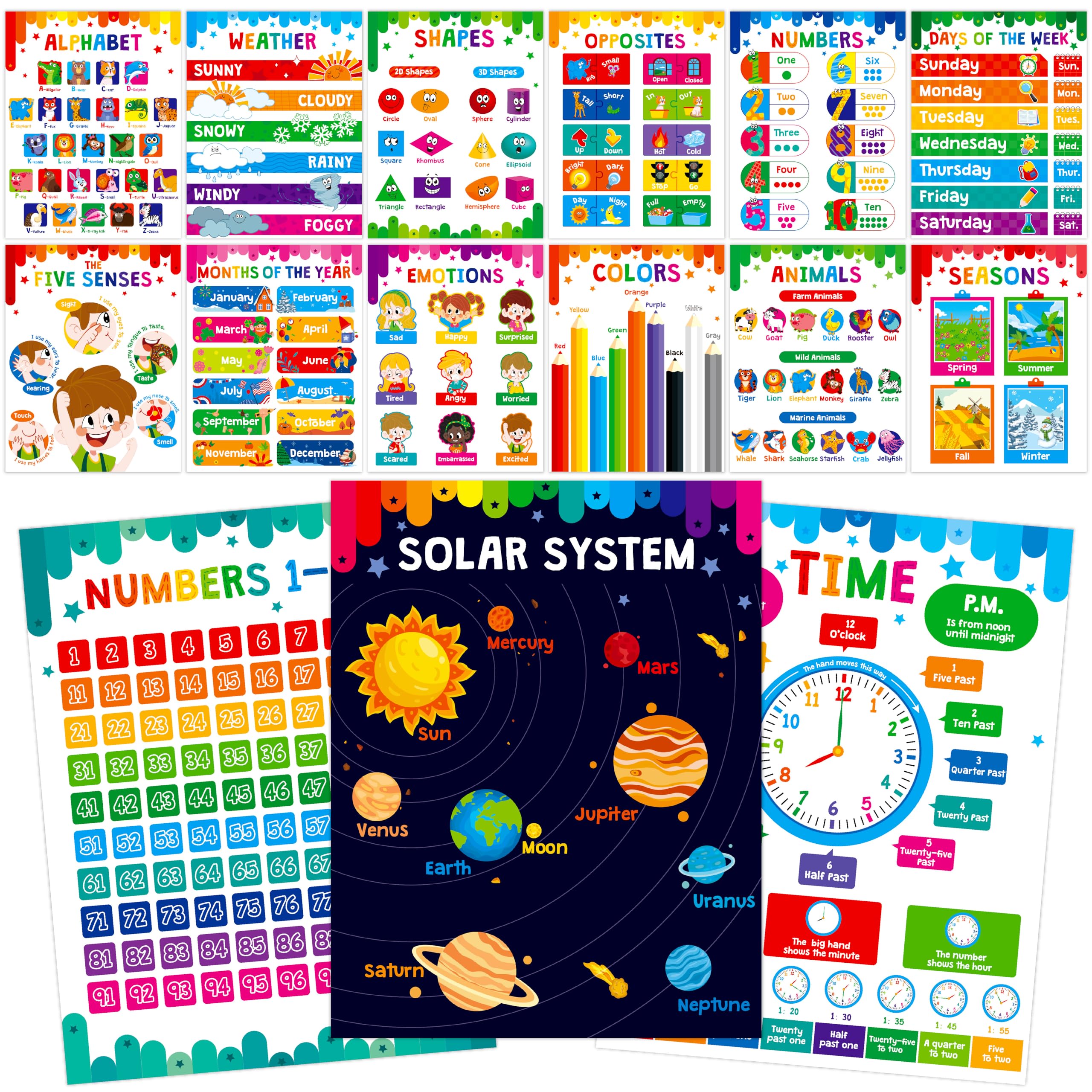 Photo 1 of 15 Packs Educational Poster, Thick Early Learning Posters Waterproof & Tear Proof with PET Film, Alphabet/Animals/Opposites/Emotions/Numbers Posters for Kindergarten Preschool Toddlers (14.5”x11”)