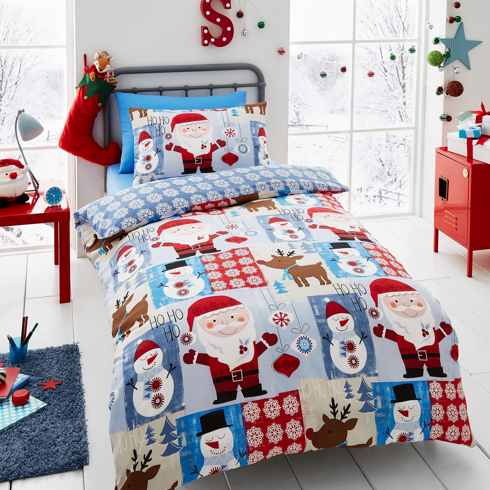 Happy Linen Company Boys Girls Kids Christmas Santa Patchwork Blue Toddler Cot Bed Reversible Duvet Cover Bedding Set