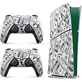 Skin Sticker for Game Console 5 Slim Version, Both Disc & Digital Edition - US Dollar, Removable Decal Cover for 2 Controllers & Console