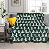 Forest Green Christmas Blanket 60"x50" White Xmas Tree Pattern Design Block Print Throw Blanket Lightweight Warm Soft Blanket Farmhouse Winter Holiday Decor for Home Living Room Sofa Couch Bed
