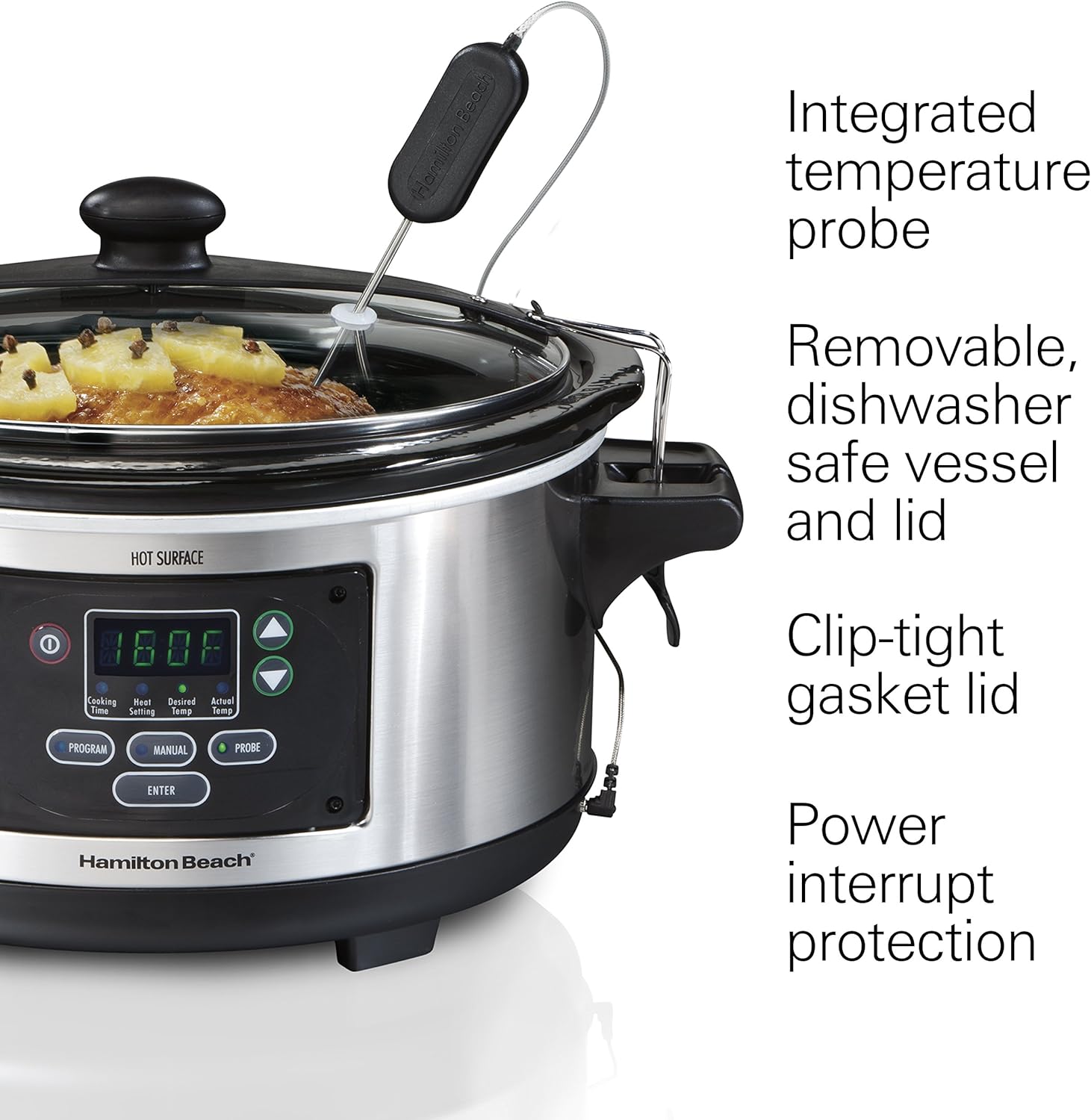 Hamilton Beach Portable 6-Quart Set & Forget Digital Programmable Slow Cooker With Temperature Probe, Lid Lock, Stainless Steel (33969A): Kitchen & Dining