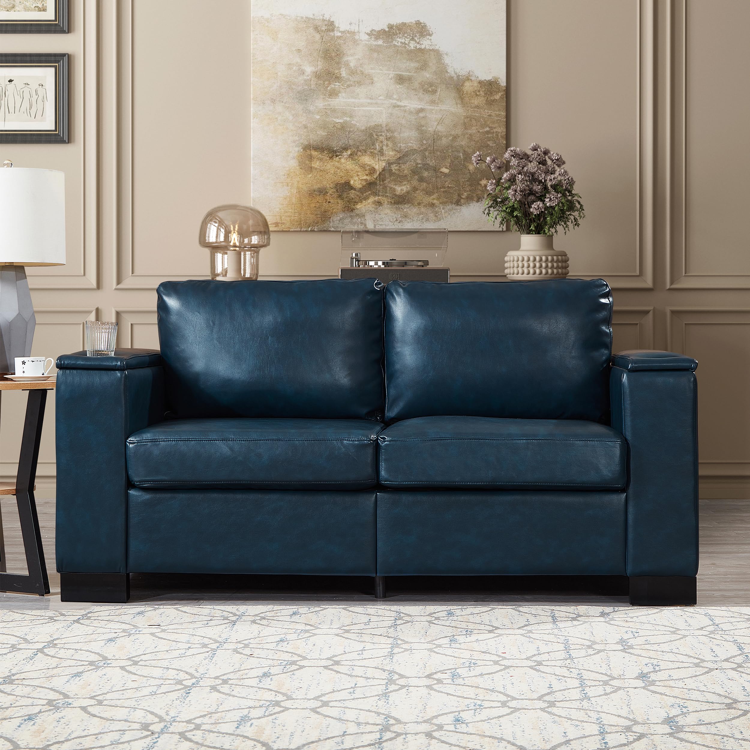 Photo 1 of *Minor Damage*
KEIKI 67.7" Modern Loveseat Leather Couch, Square Arm Sofa with Cup Holder, Storage Sofa, 2 Seat Cloud Couch with Double Cushions, Upholstered PU Leather for Living Room, Navy Blue