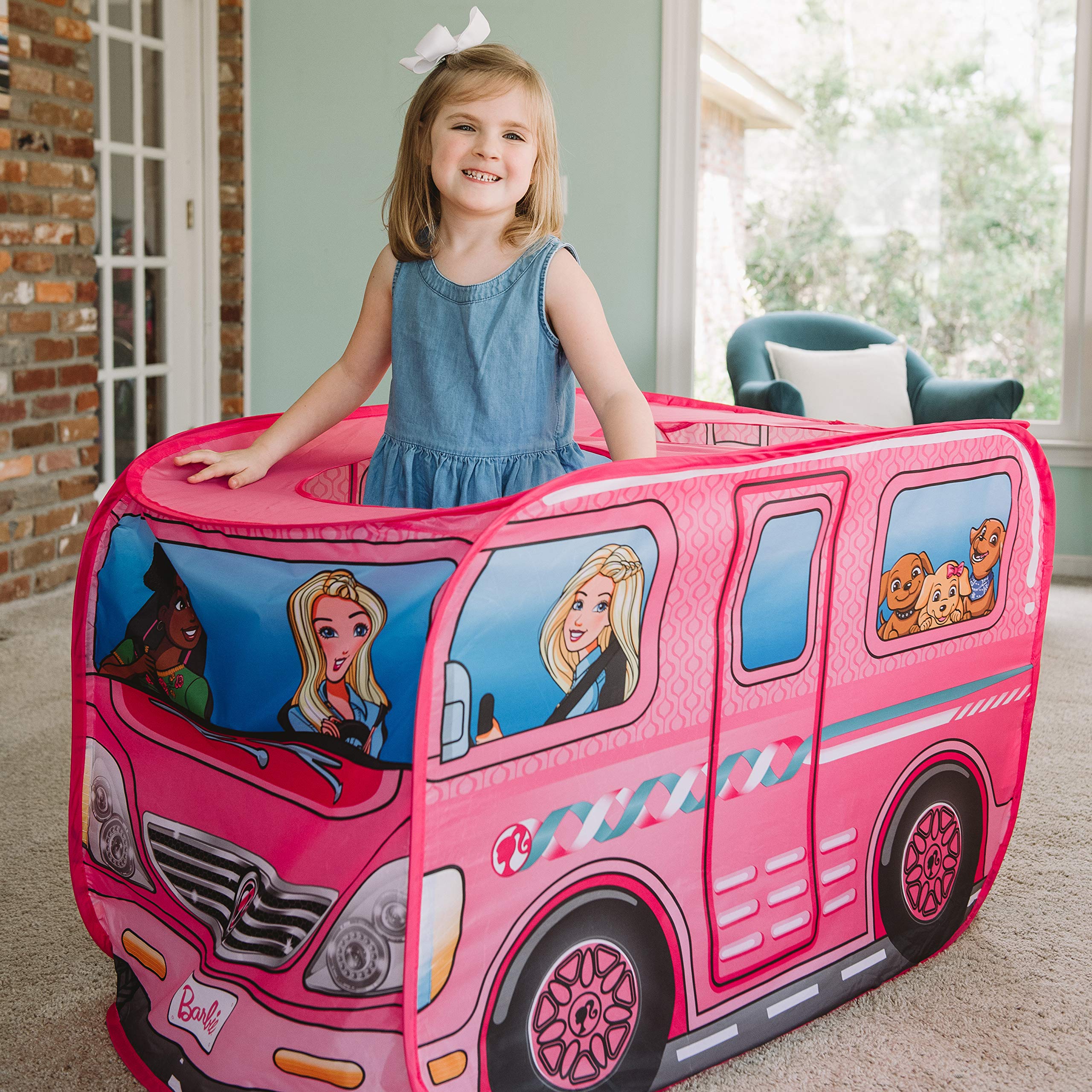 Sunny Days Entertainment Barbie Dream Camper Pop Up Play Tent Pink Indoor Playhouse for Kids Gift for Girls